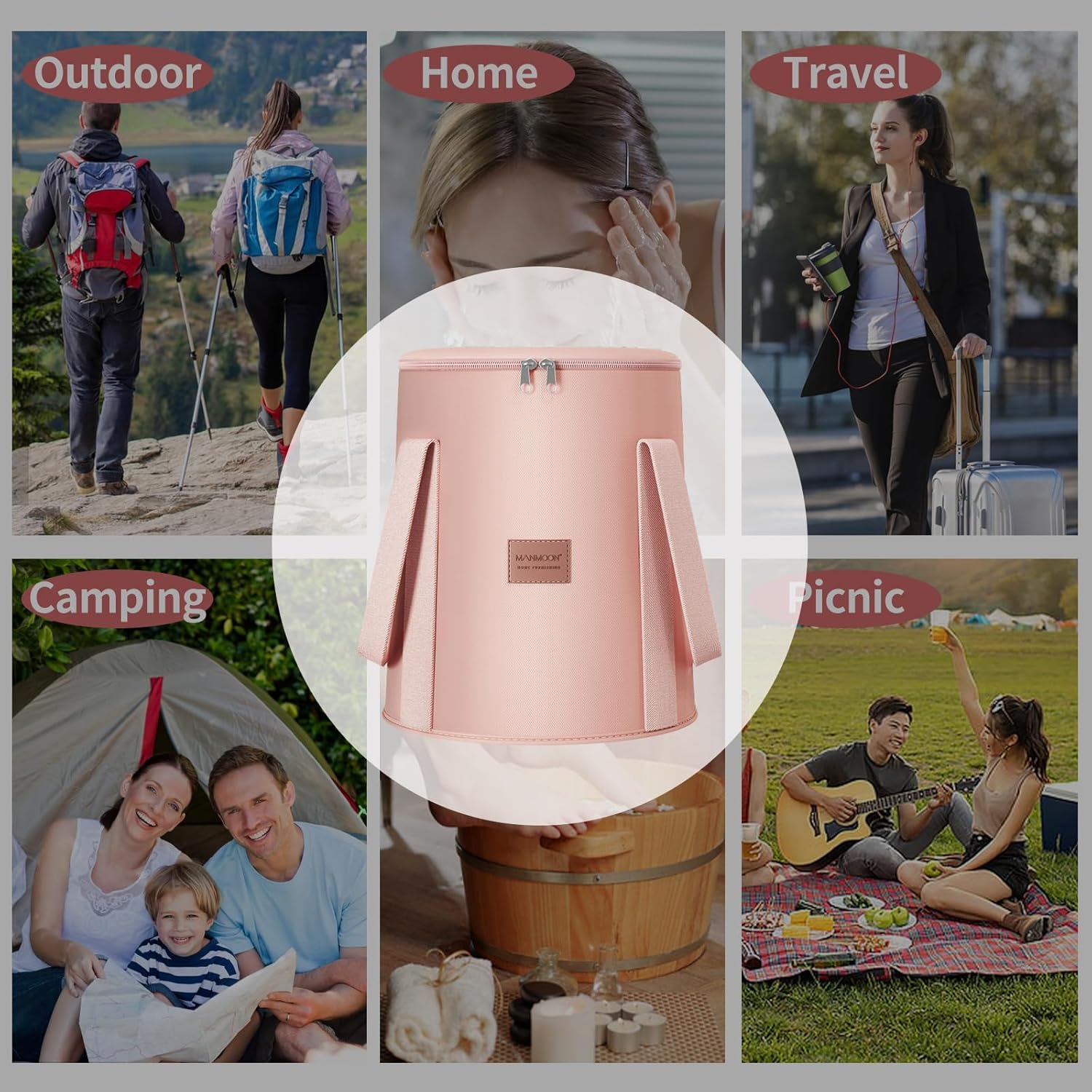 Cuenca plegable de 20 L, multifuncional, portátil, con asas, para viajes, al aire libre, campamento, portátil, para remojar los pies (rosa)