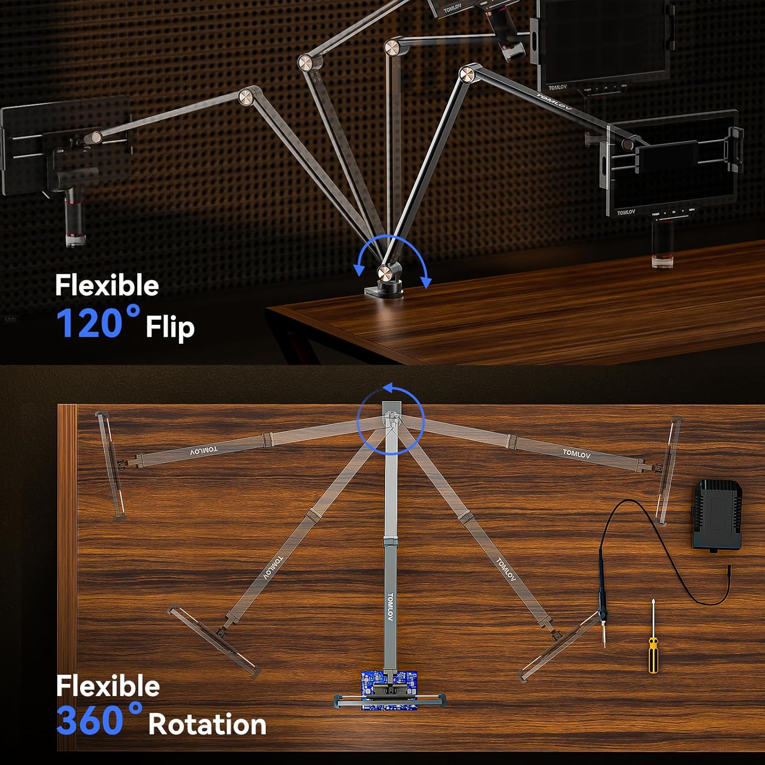 TOMLOV Soporte de microscopio digital de brazo flexible AM03, soporte voladizo más nuevo, soporte de suspensión mejorada brazo de tijera flexible