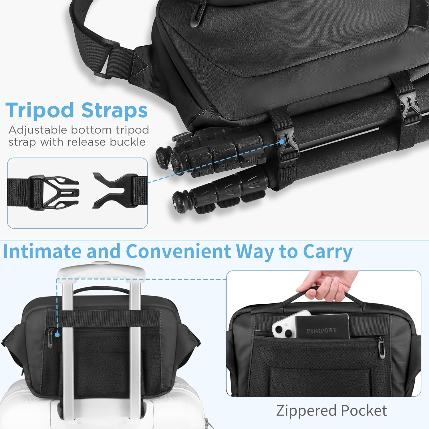 Bolsa bandolera para cámara, funda impermeable para cámara con soporte para trípode, DSLRSLRSLRsin espejo, bolsa cruzada para fotógrafos, color negro