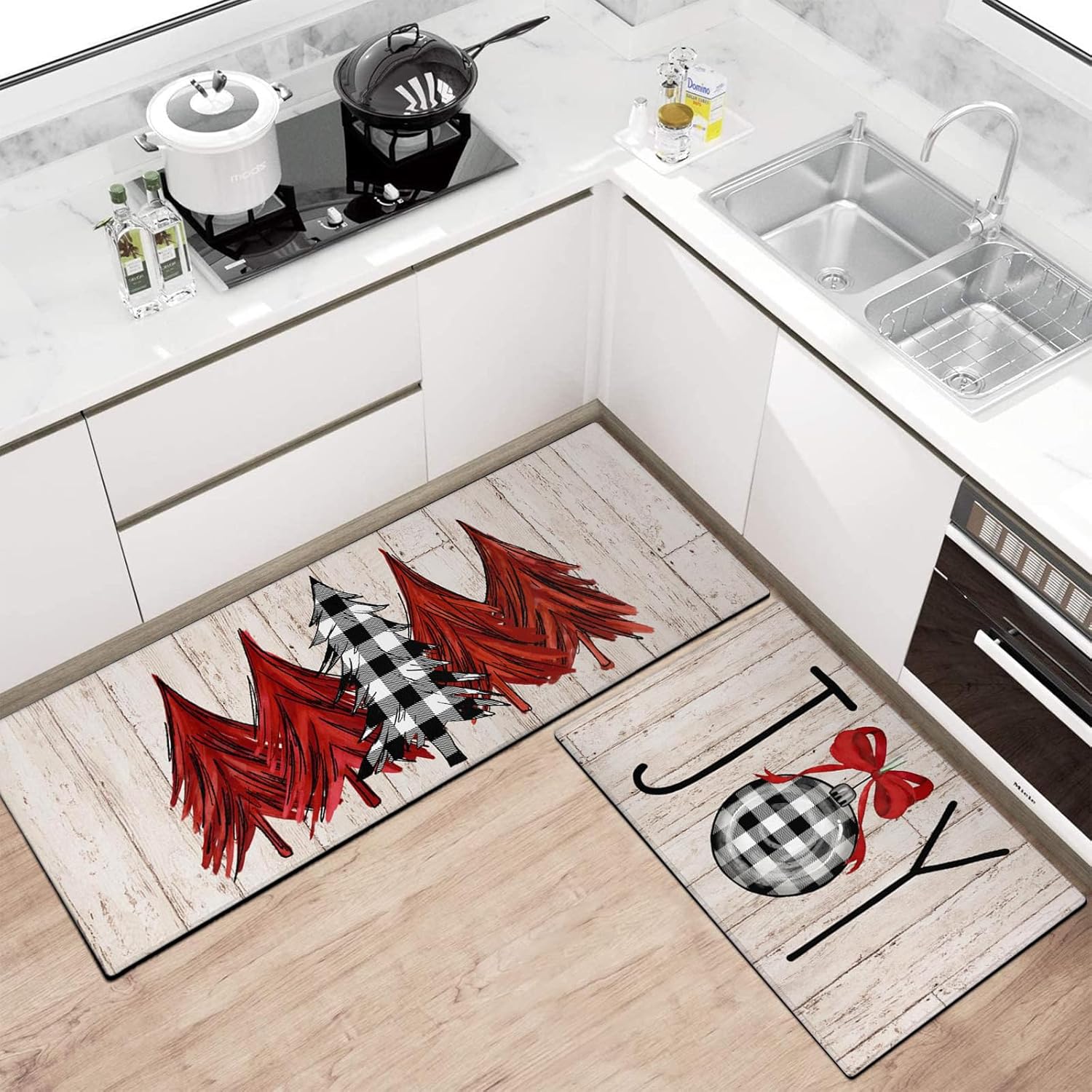Xsinufn Juego de 2 alfombras y tapetes de cocina de Feliz Navidad, a cuadros, árbol de Navidad, Navidad, invierno, vacaciones, tapete para fregadero