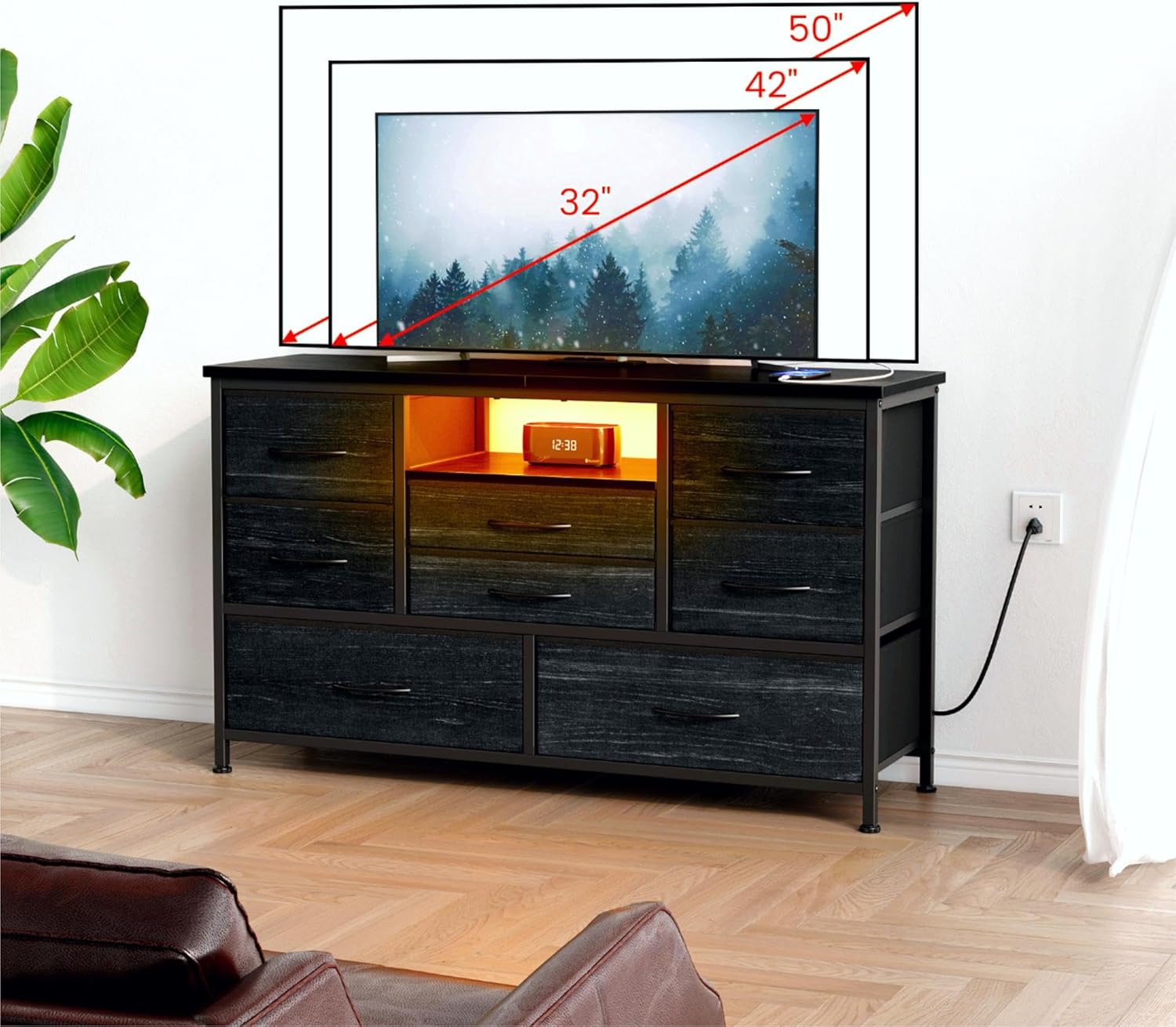 Soporte de TV de 8 aparadores con toma de corriente y LED para TV de 55 pulgadas, cómoda larga para dormitorio con 8 cajones profundos, mesa consola