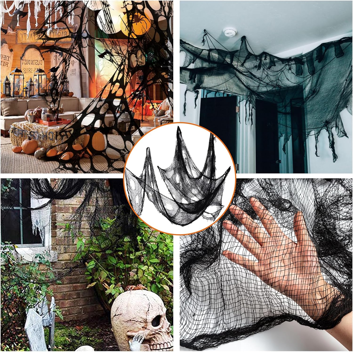 Tela espeluznante de Halloween de 197 x 85 pulgadas, paño de tela espeluznante negro para decoración de interiores y exteriores, gasa aterradora