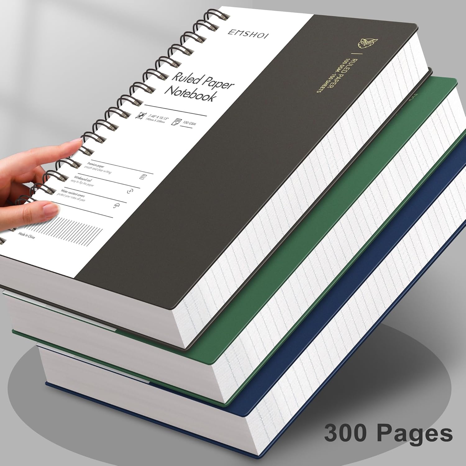 EMSHOI Cuaderno de espiral B5 con rayas universitarias, tamaño grande de 7.48 x 10.15 pulgadas, 300 páginas150 hojas, papel grueso de 3.53 ozm, tapa