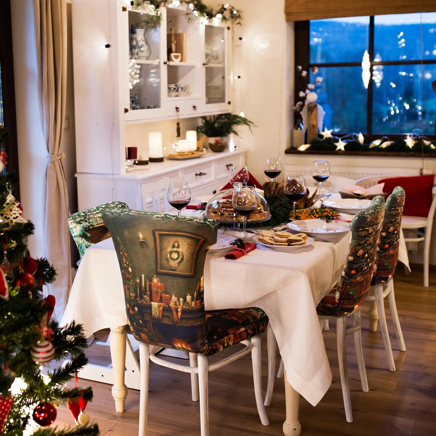 Preboun Juego de 6 fundas para sillas de Navidad, protectores de comedor de Navidad, diseño de Papá Noel, fundas extraíbles y lavables para comedor,