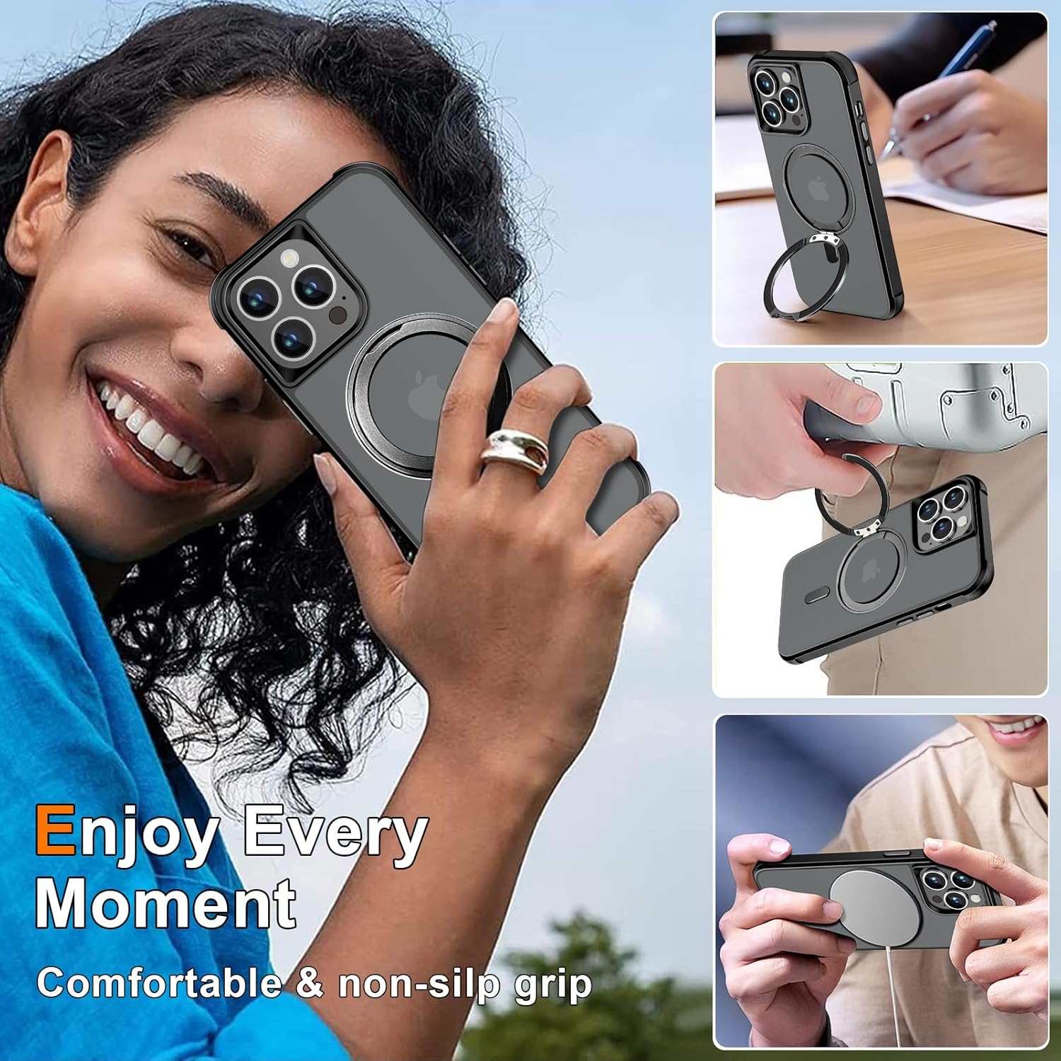 ZJMTOCYU Funda con anillo giratorio de 360 para iPhone 14 Pro Max, soporte invisible y soporte de anillo, compatible con MagSafe, protección militar