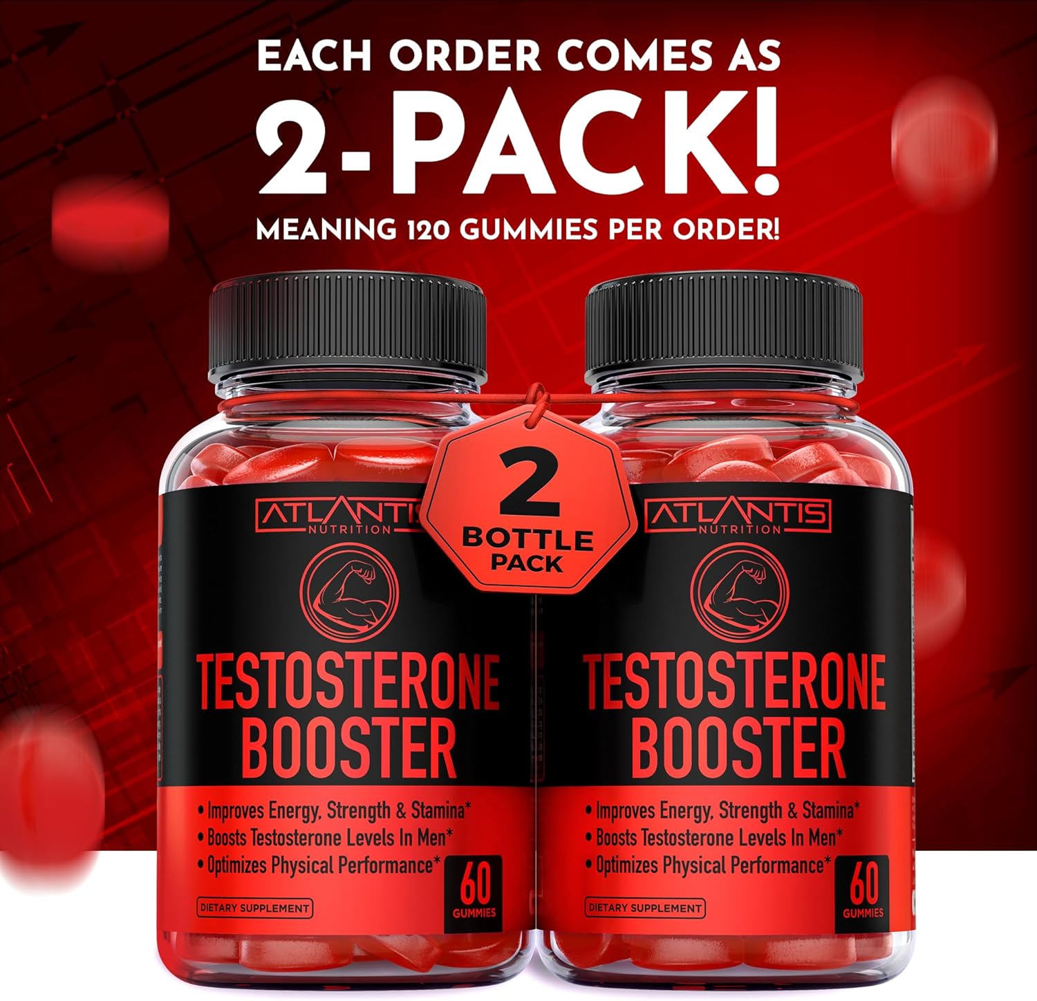 Atlantis Nutrition Paquete de 2 potenciadores de testosterona (120 gomitas) + Ashwagandha 60 gomitas