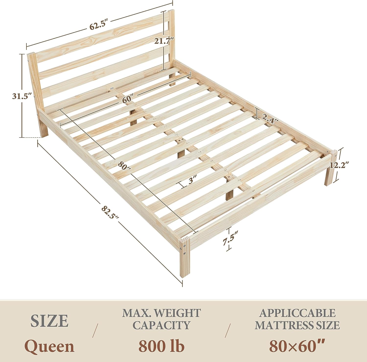 Yaheetech Base de cama Queen con plataforma de madera de pino maciza con cabecera con paneles, estilo Wicklow, soporte de listones de madera, sin