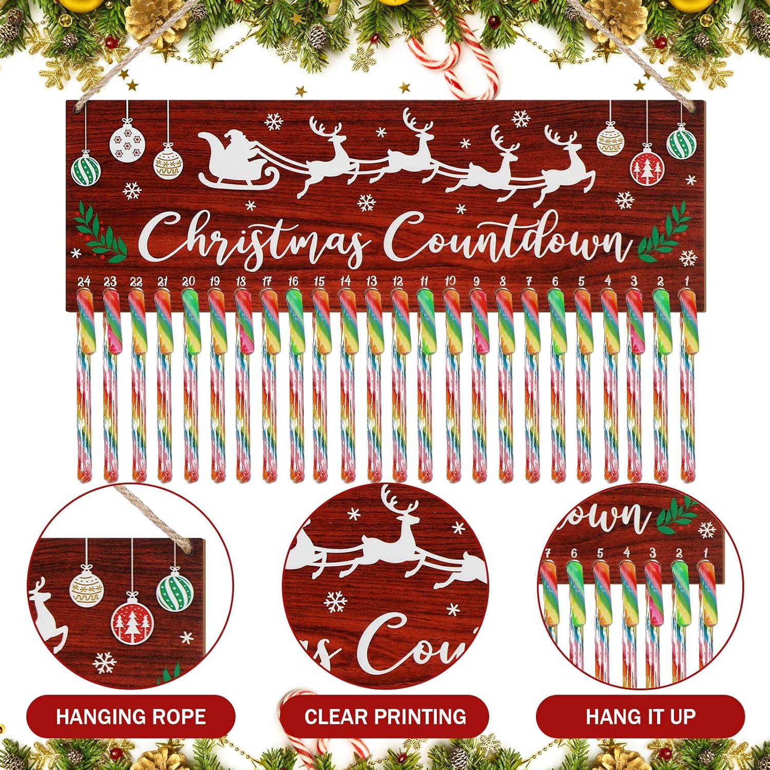 Calendario de Adviento de madera con cuenta regresiva de bastones de caramelo, decoración para colgar, 17 x 5.5 pulgadas, calendario de pared de 24