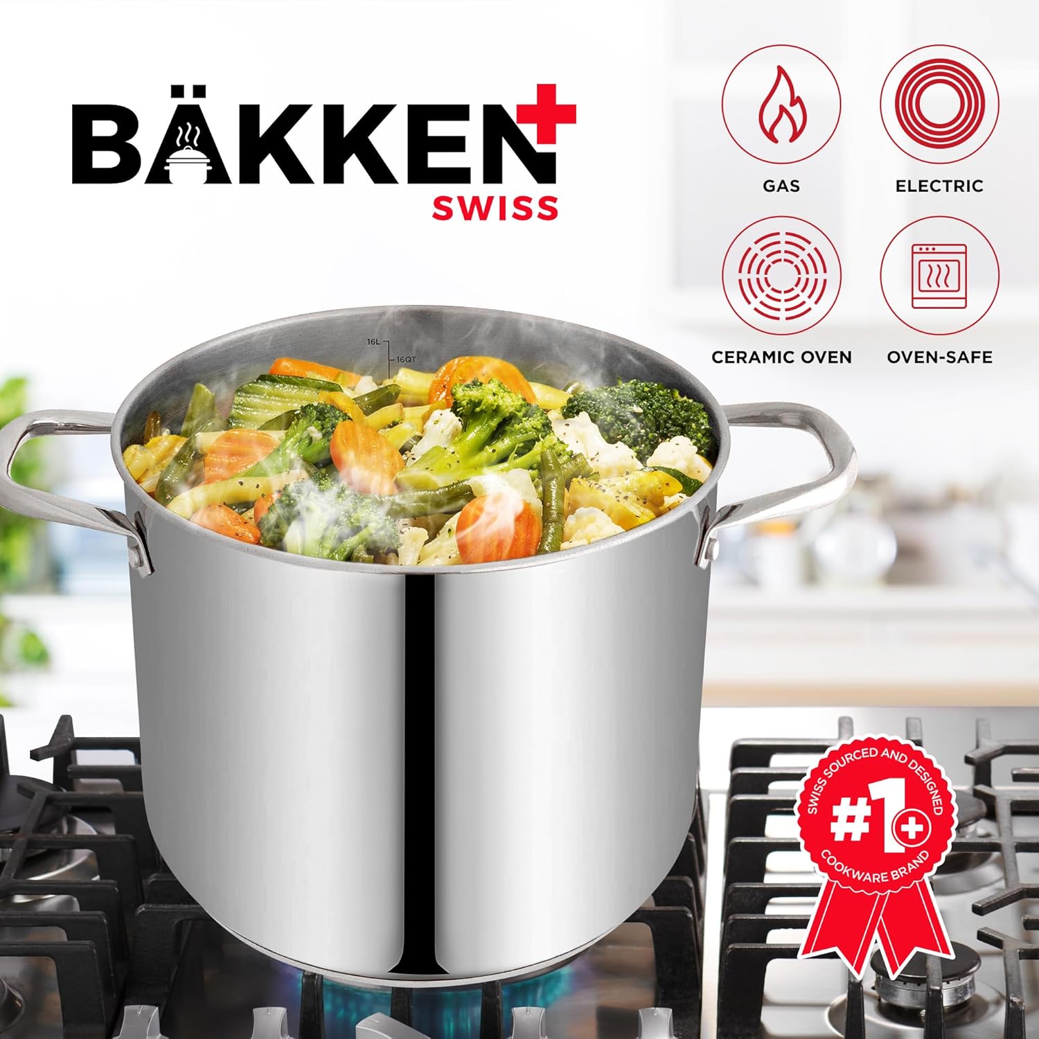 Bakken-Swiss Deluxe – Olla de acero inoxidable de 16 cuartos de galón con tapa transparente de vidrio templado, deliciosas sopas, guisos y cocción