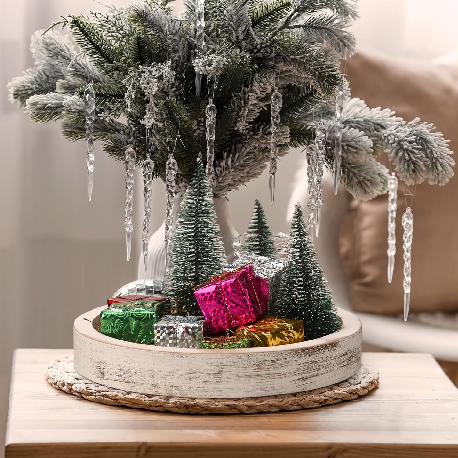 Decoraciones navideñas para el hogar, bandeja redonda de Navidad, bandeja decorativa rústica, bandeja de madera de Navidad, platos para servir para