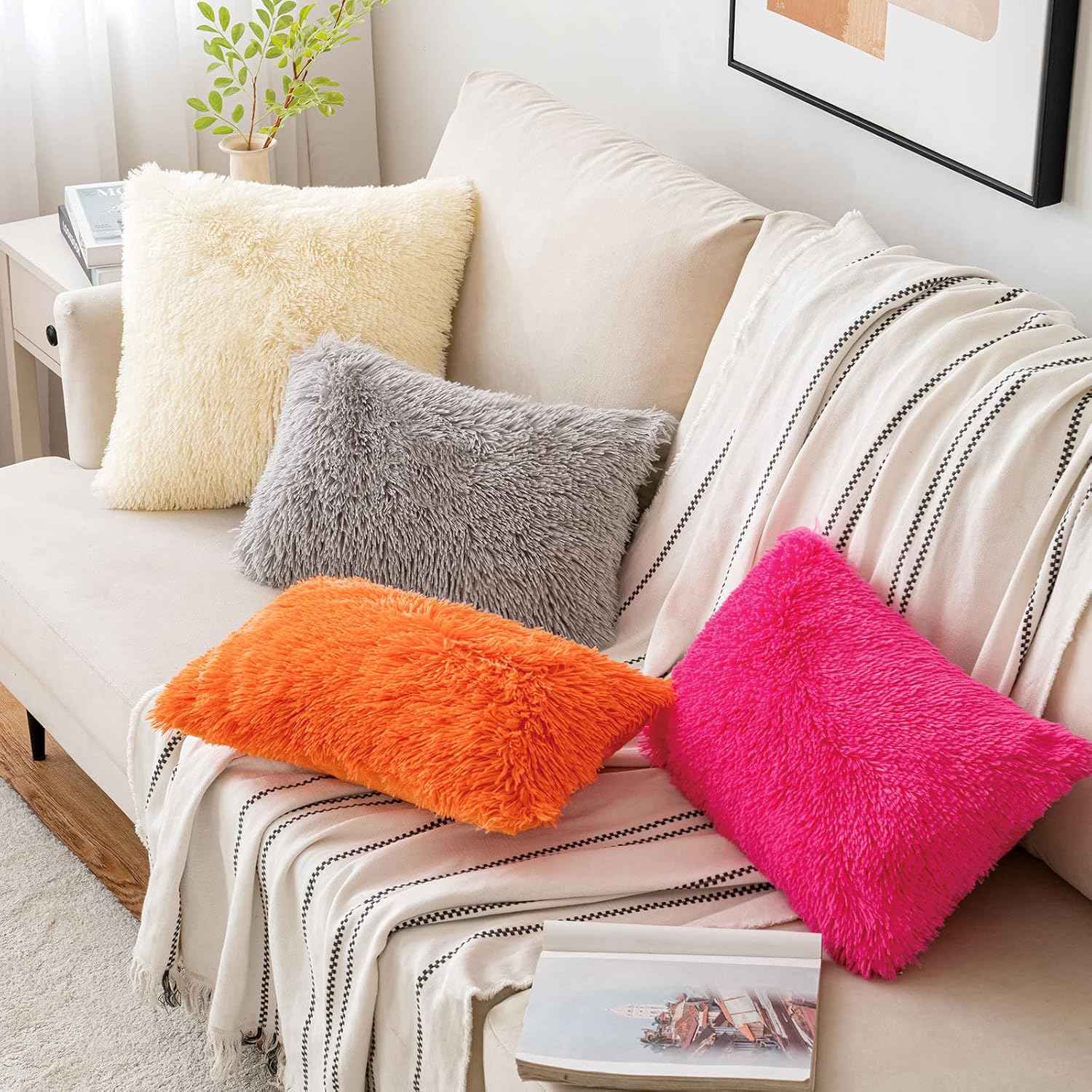 Woaboy Paquete de 2 fundas de almohada de piel sintética de lujo, decorativas, suaves y esponjosas, fundas de cojín cuadradas para sala de estar,