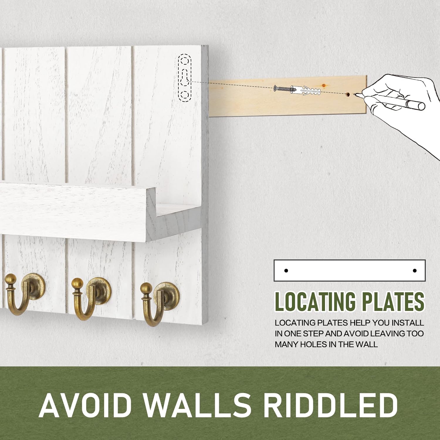 Rebee Vision Juego de llaves para pared 10″ Llavero con 5 ganchos y 15″ Llavero con 7 ganchos para decoración de pared de granja – Blanco