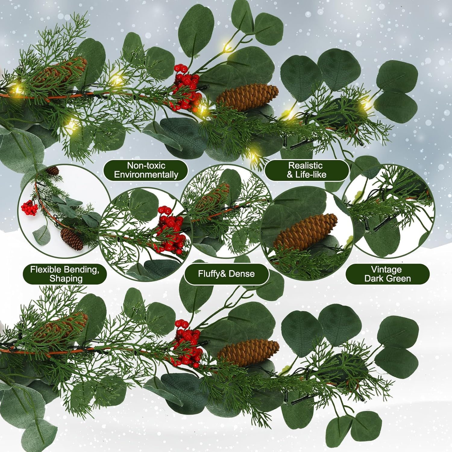 4 guirnaldas de Navidad de 6.5 pies, guirnalda colgante de ciprés de pino con bayas rojas artificiales, guirnalda de manto verde de Navidad para