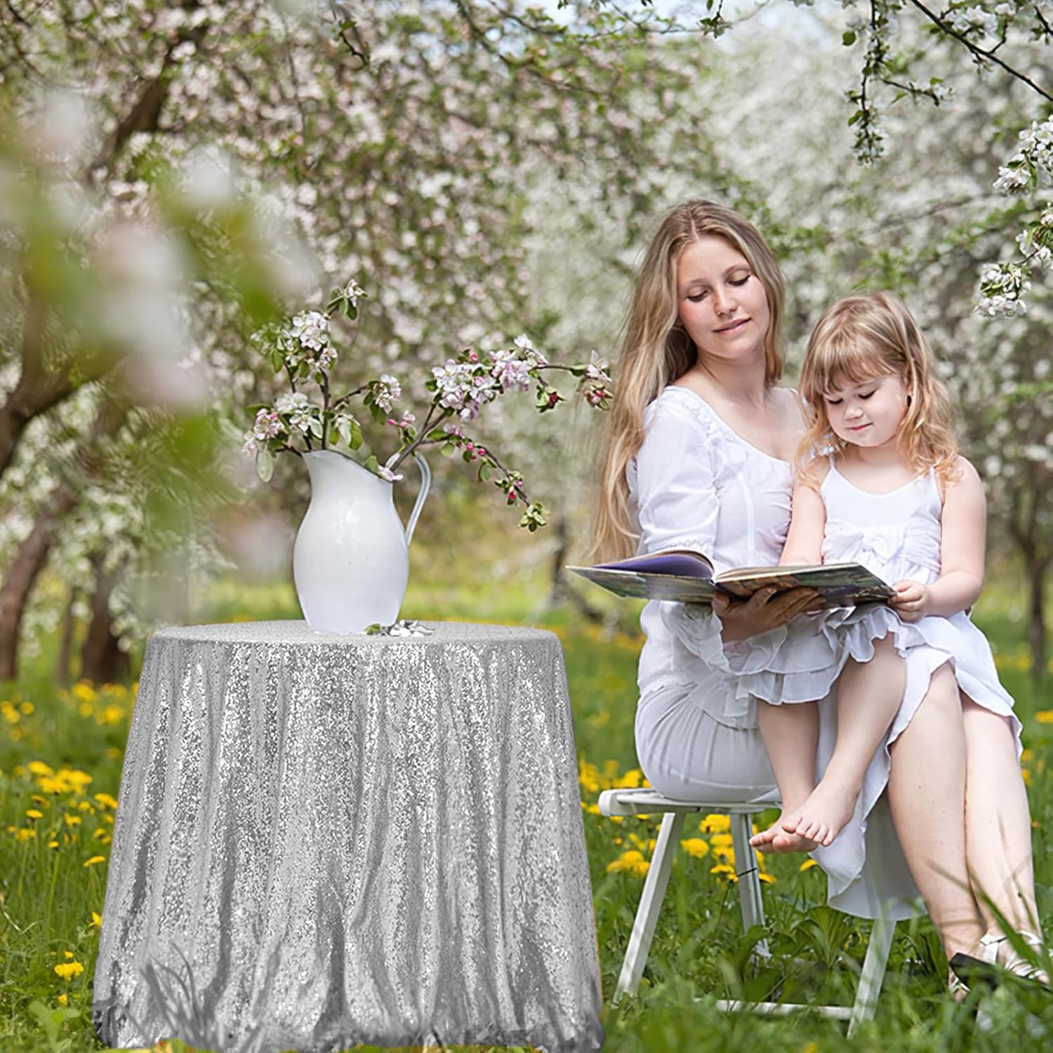 Mantel redondo de lentejuelas plateadas brillantes de 72 pulgadas, mantel de lentejuelas para tartas, ropa de cama de lentejuelas para boda
