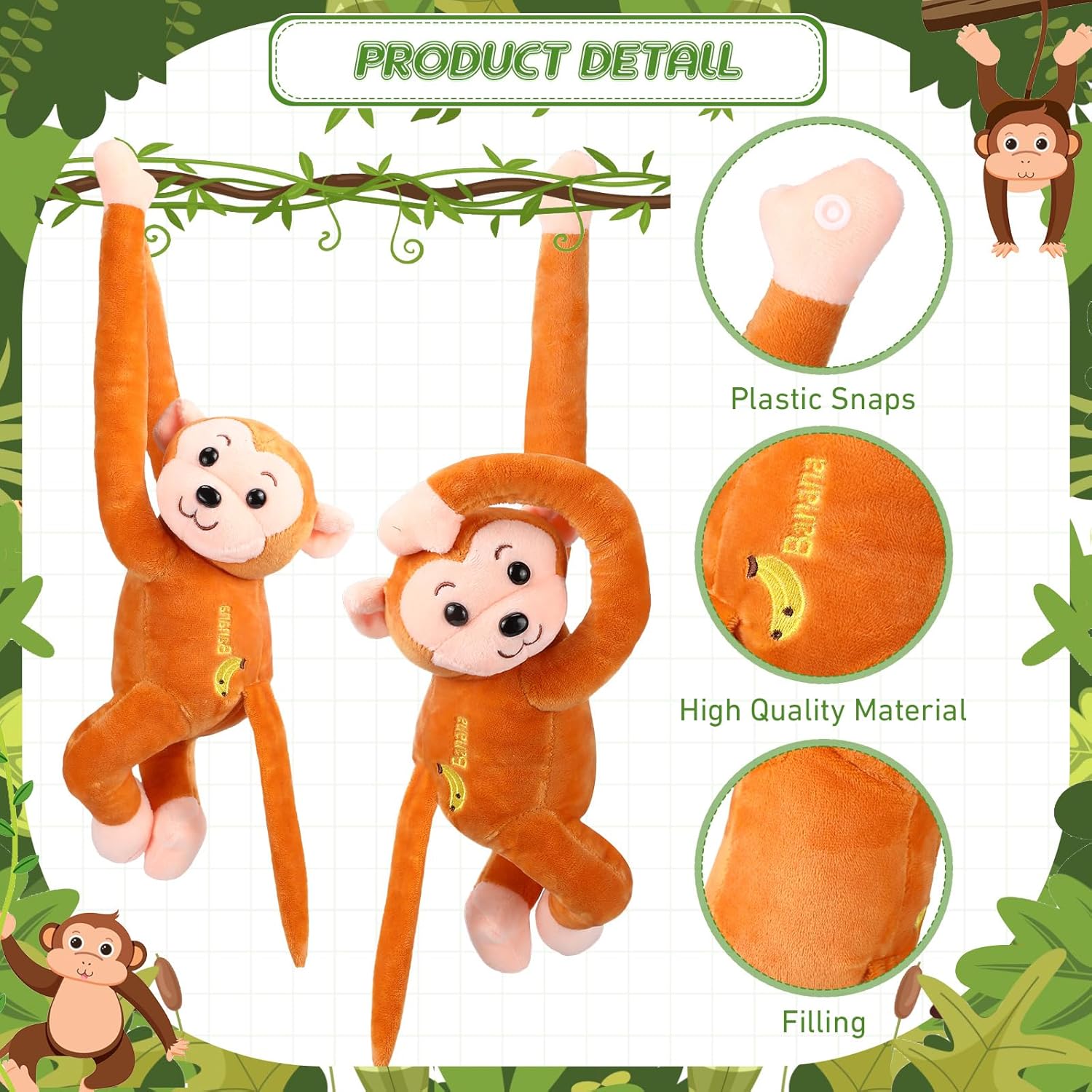 Paquete de 4 monos de peluche colgantes de 17.8 pulgadas con cierres de gancho y bucle, regalos de juguetes de peluche para adolescentes y adultos,