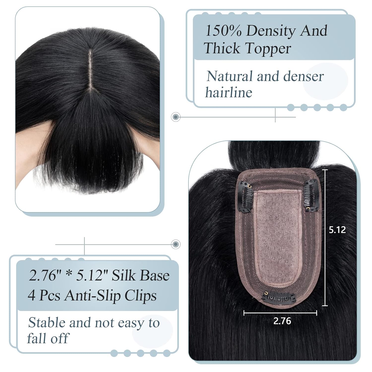 TESS Extensiones de cabello humano real para mujer, densidad del 150 %, 2.8 x 5.1 in, base de seda, extensión superior, extensiones de cabello Remy