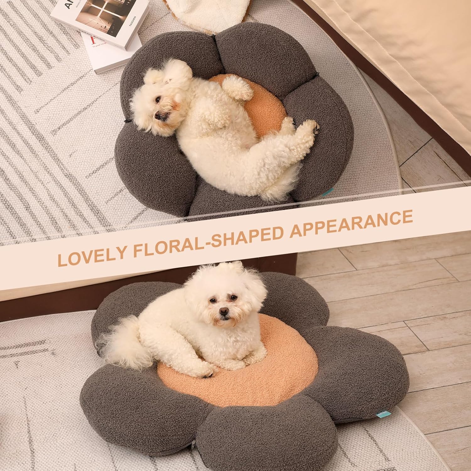 Cama de flores para gatos, alfombrilla redonda versátil 2 en 1 para mascotas en sherpa de peluche, bonita cama para perros pequeños, 23 x 23 x 8