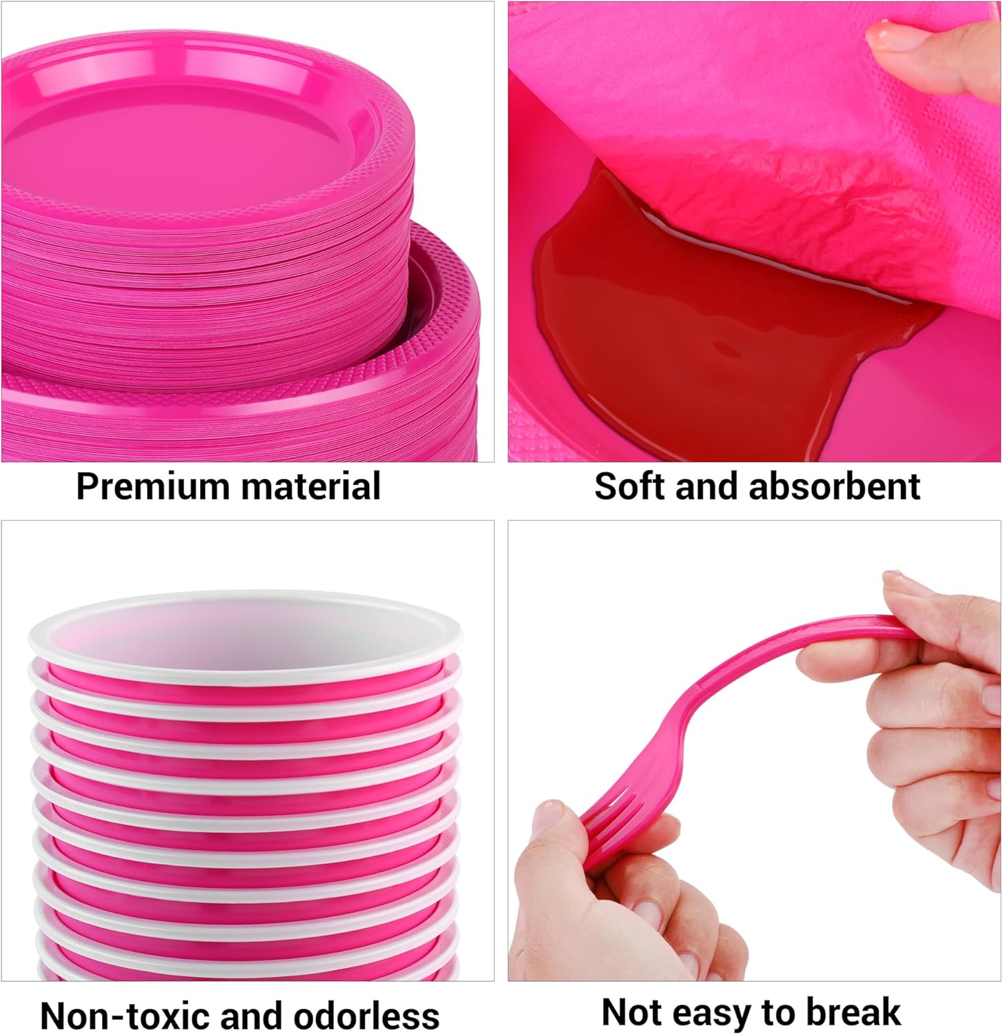 ADXCO Juego de vajilla desechable de 700 piezas, color rosa intenso, incluye platos de plástico, vasos, cuchillos, tenedores, cucharas, servilletas