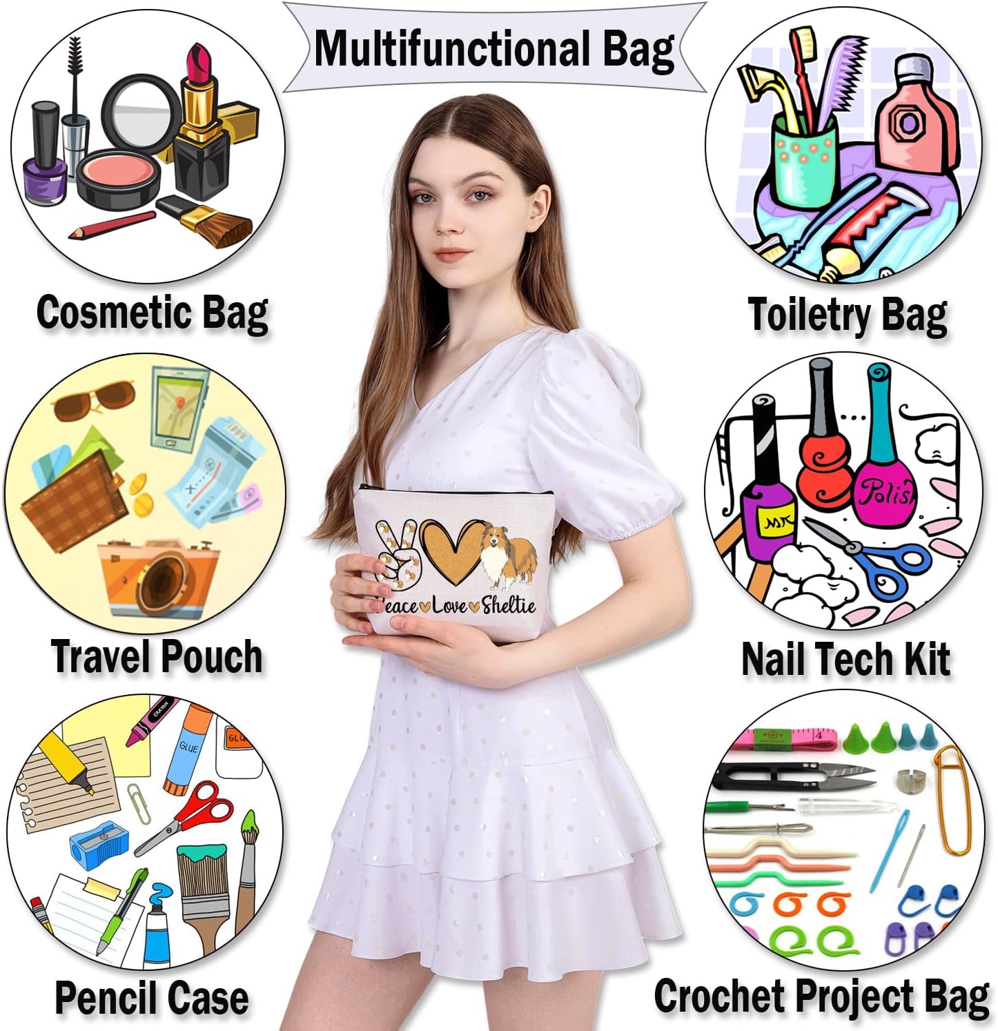 BDPWSS Sheltie – Bolsa de maquillaje para amantes de los perros, regalos para mujeres, bolsa de maquillaje Sheltie Mom Shetland Sheepdogs Gift Peace
