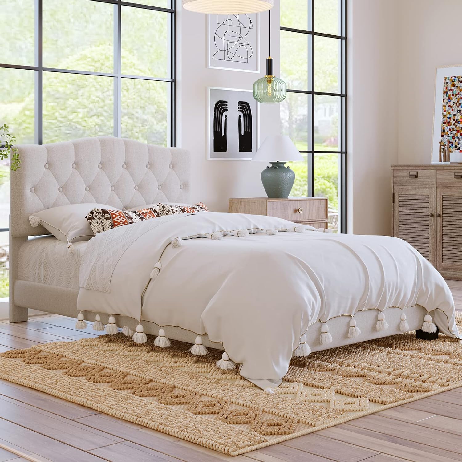 Cama de plataforma tapizada con cabecera curvada y detalles capitoné de diamante, soporte de listones de madera, no necesita somier, fácil montaje