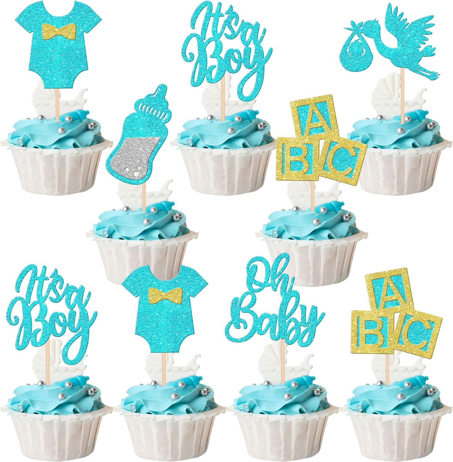 30 piezas de decoración para cupcakes “It’s a Boy” con purpurina para cupcakes con purpurina, para biberón, decoración para revelación de género,