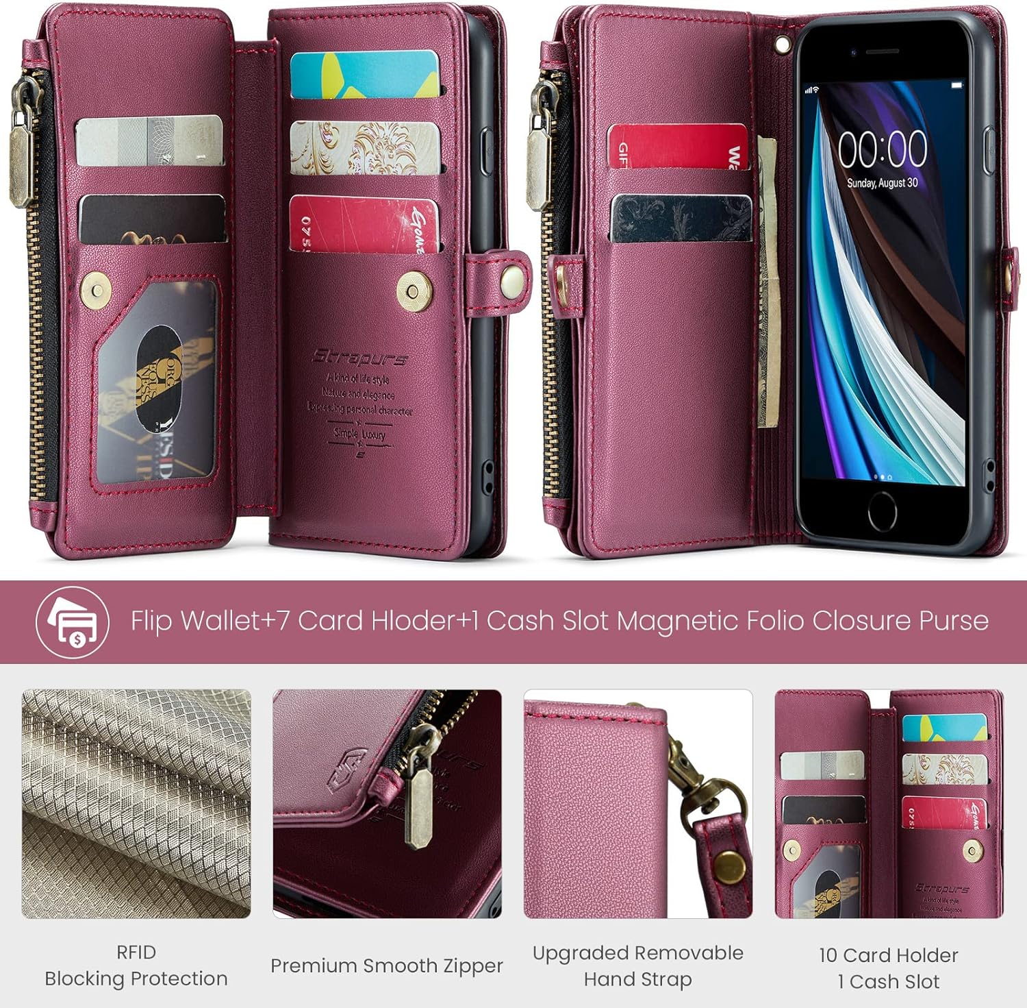 Funda compatible con iPhone SE, para iPhone 87SE 2nd 2020SE 3 funda tipo cartera con tarjetero, bloqueo RFID, funda magnética de piel sintética de