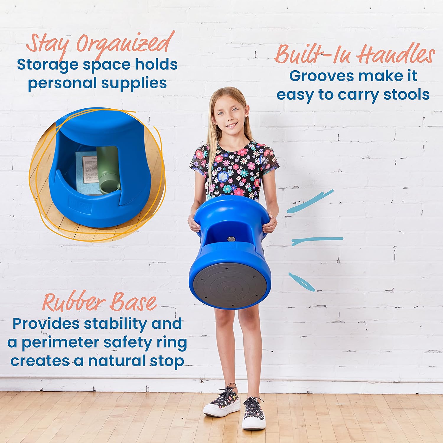 ECR4Kids Taburete tambaleante de almacenamiento, altura del asiento de 15 pulgadas, asientos activos, azul