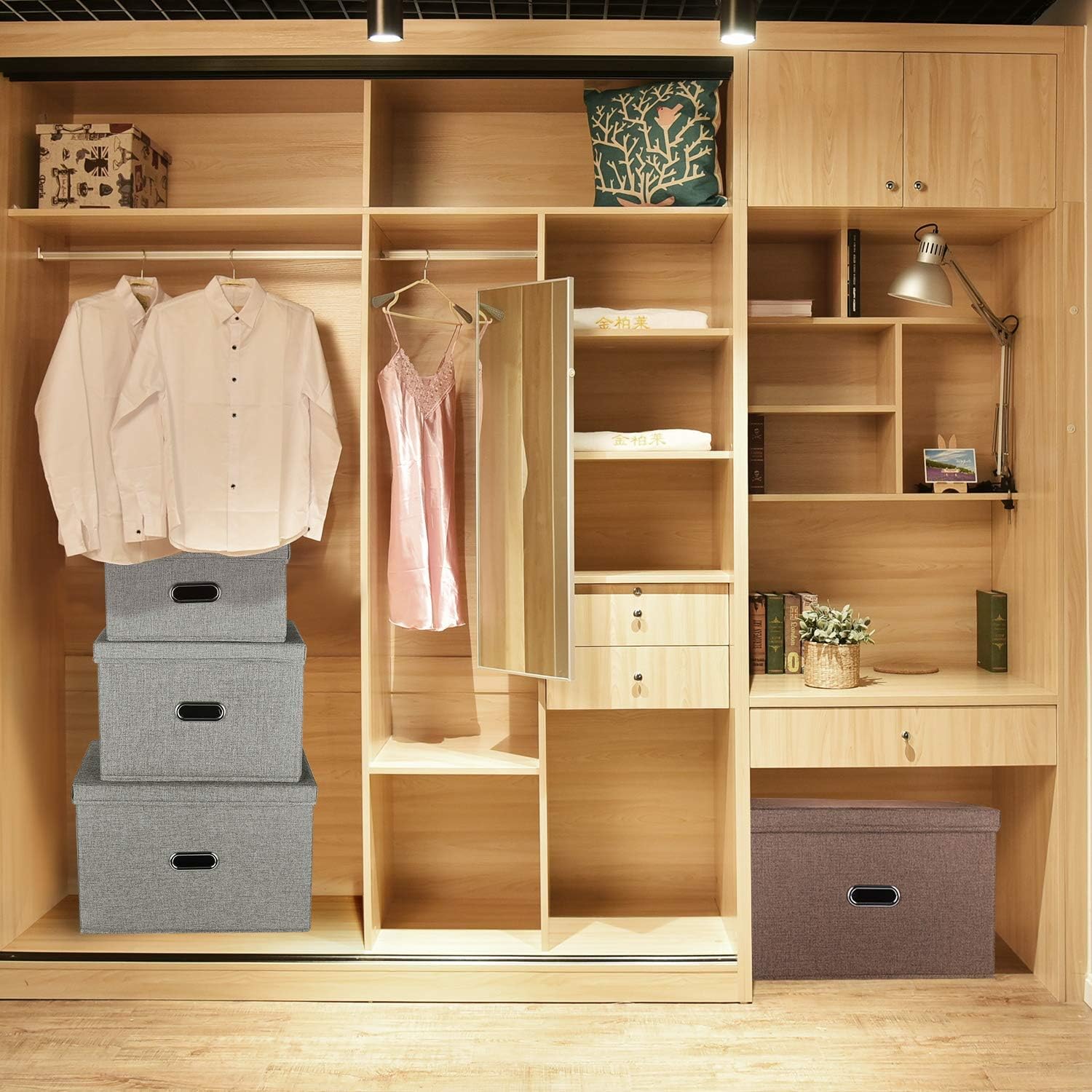 Papelera Valease de almacenamiento, plegable, de tela de lino, con tapa y asas extraíbles, organizador de cajas de almacenamiento lavables, cubos