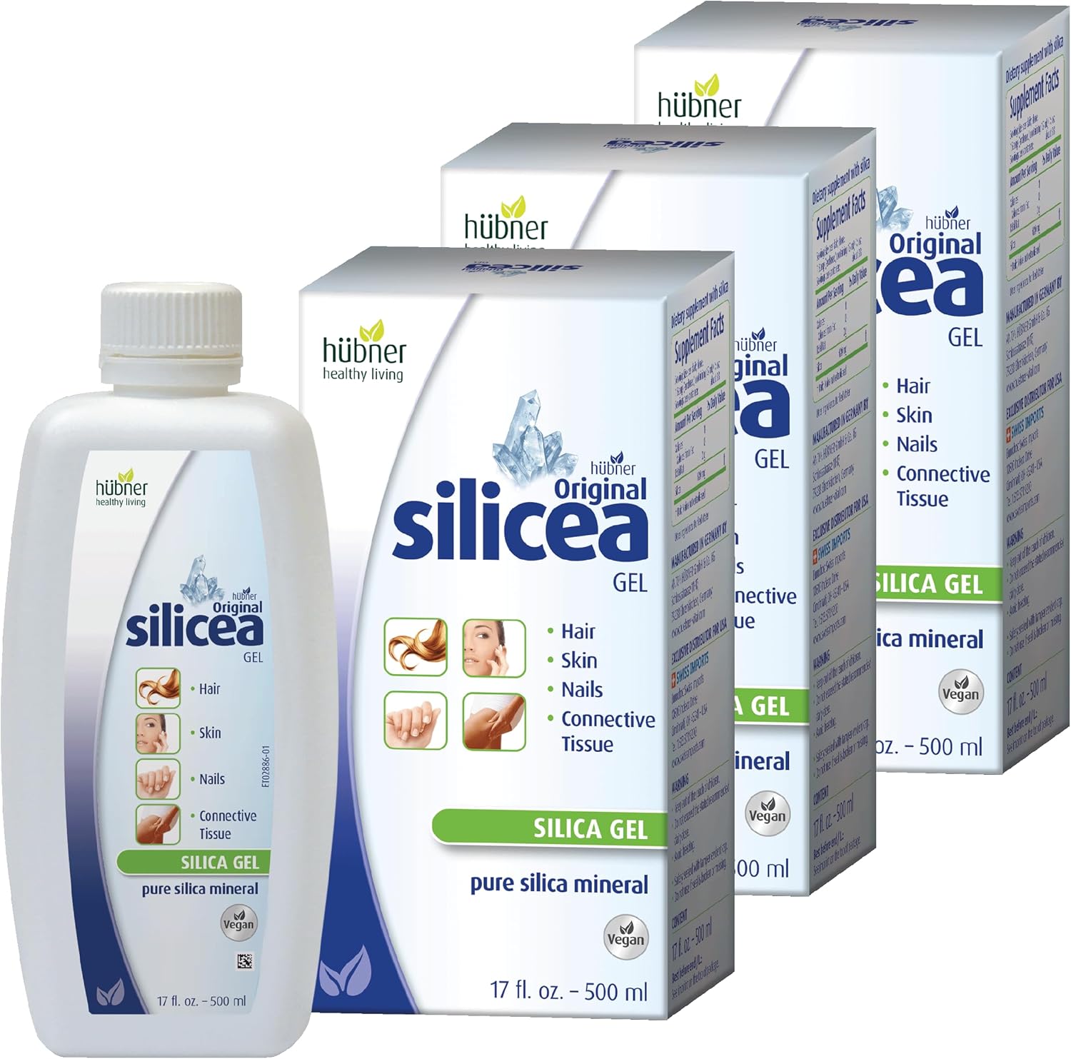 Hübner – Gel de sílice original de 17 fl oz  16.9 fl oz, paquete de 3, para cabello, piel, uñas y tejido conectivo, fórmula de gel de sílice