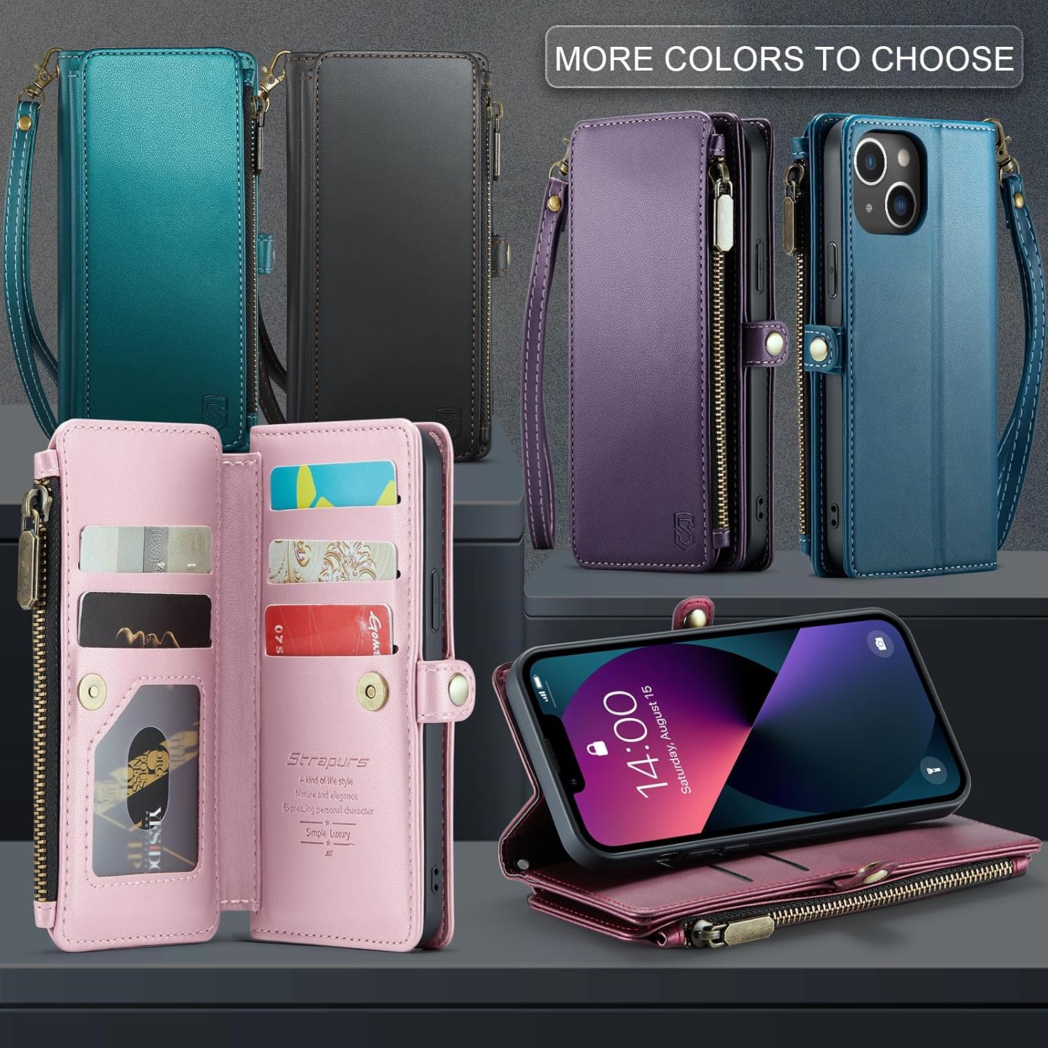 Funda tipo cartera compatible con iPhone 13 con tarjetero, bloqueo RFID, cremallera, para iPhone 13, cartera y muñequera, de piel sintética,
