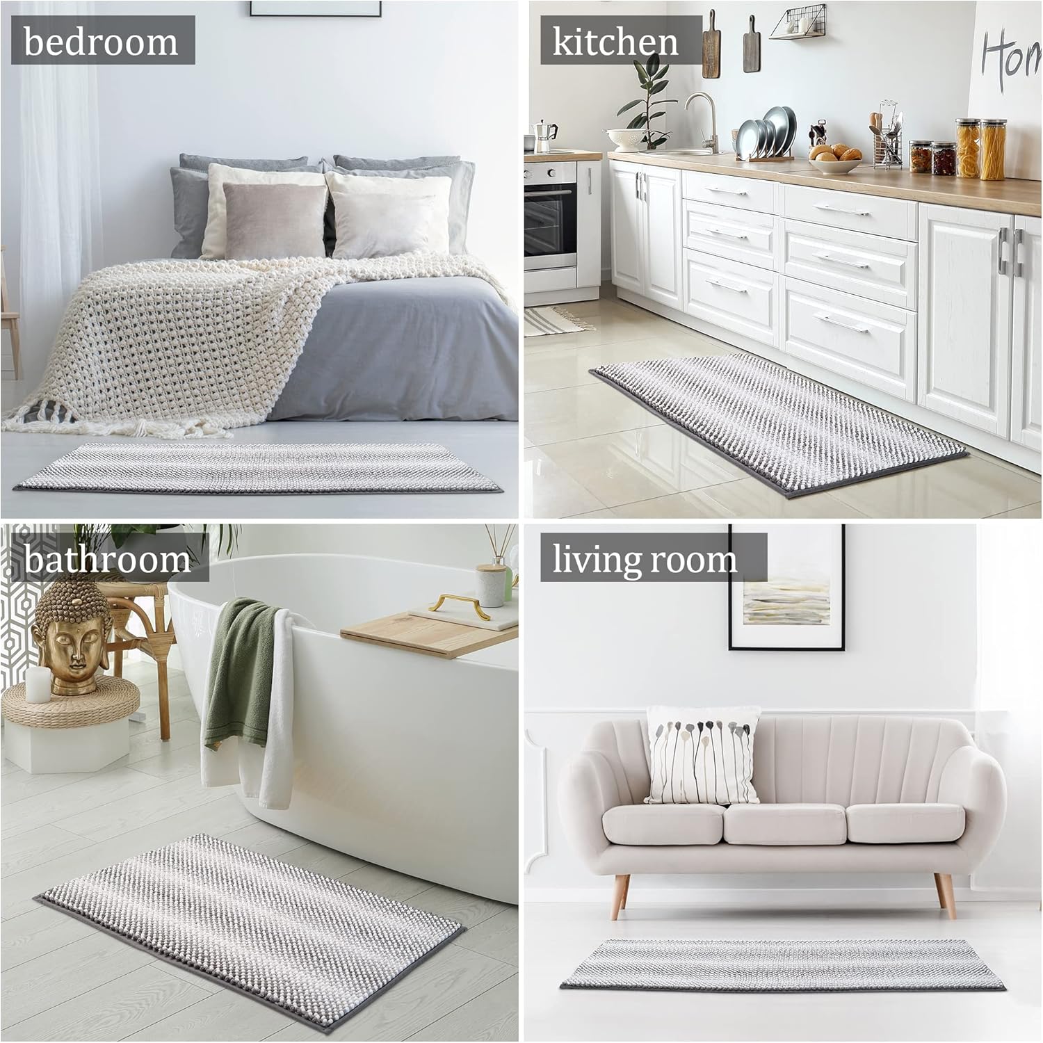 BEDELITE Alfombra de baño de felpilla antideslizante, súper gruesa y absorbente para el suelo del baño, alfombra de baño suave, lanuda gris, lavable
