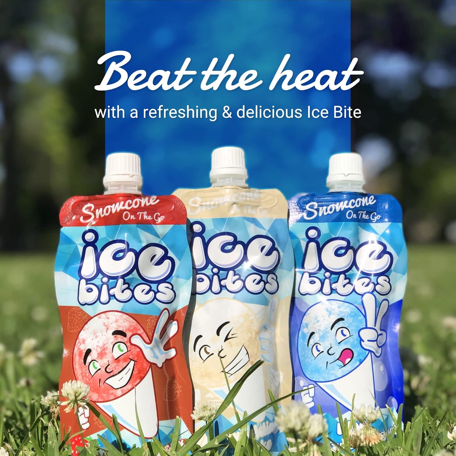 Snowcone On The Go Ice Bites – Bolsas de hielo congeladas saborizadas, paquete variado, fresa, chicle azul y pastel de boda, 8 onzas cada uno