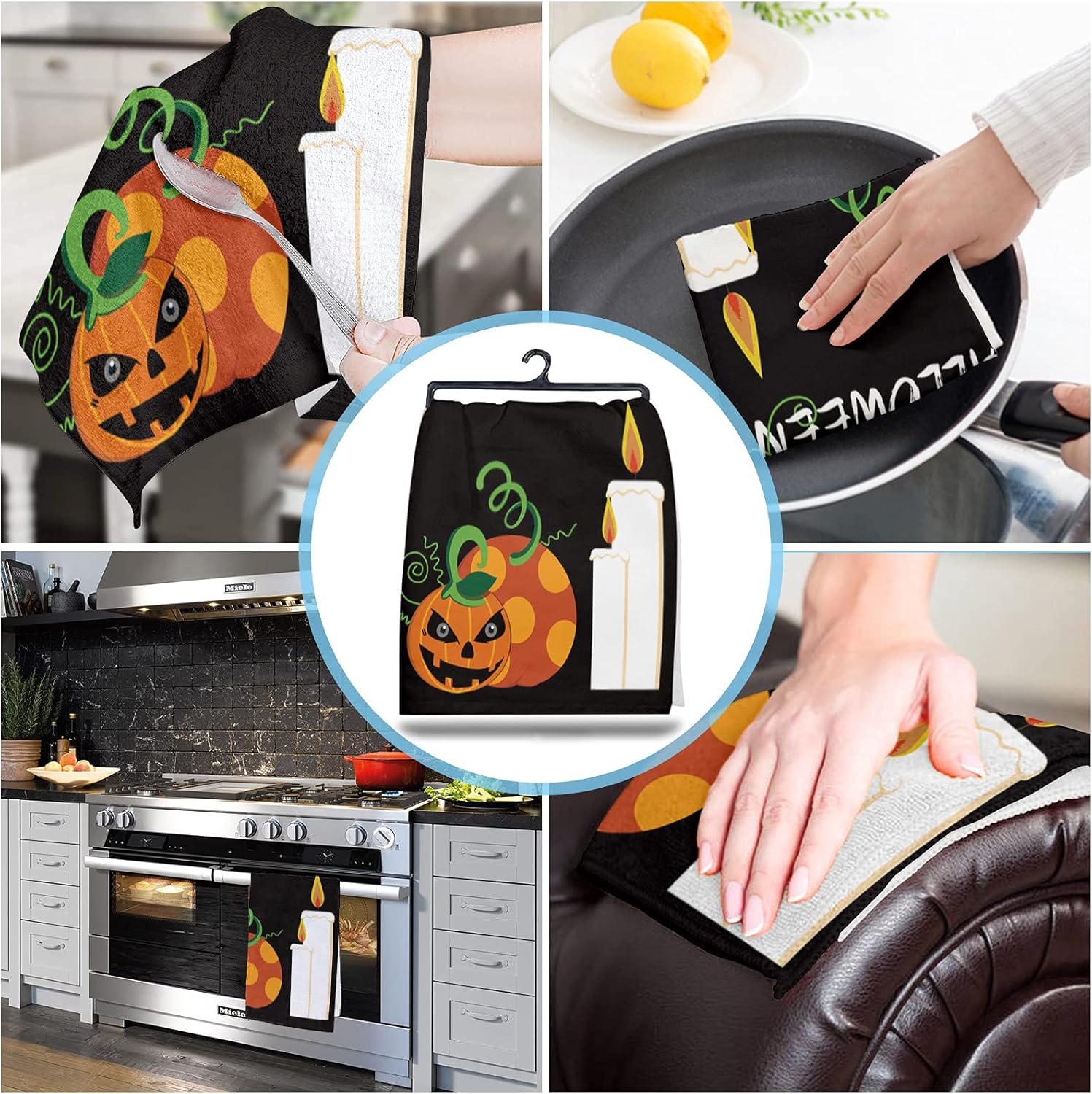 2 Packs Kitchen Towels and Dishcloths Sets, Happy Halloween Pumpkin Jack O’Lanterns Candle 18 x28 Inch Cotton Dish Towel, Absorbent Quick Drying