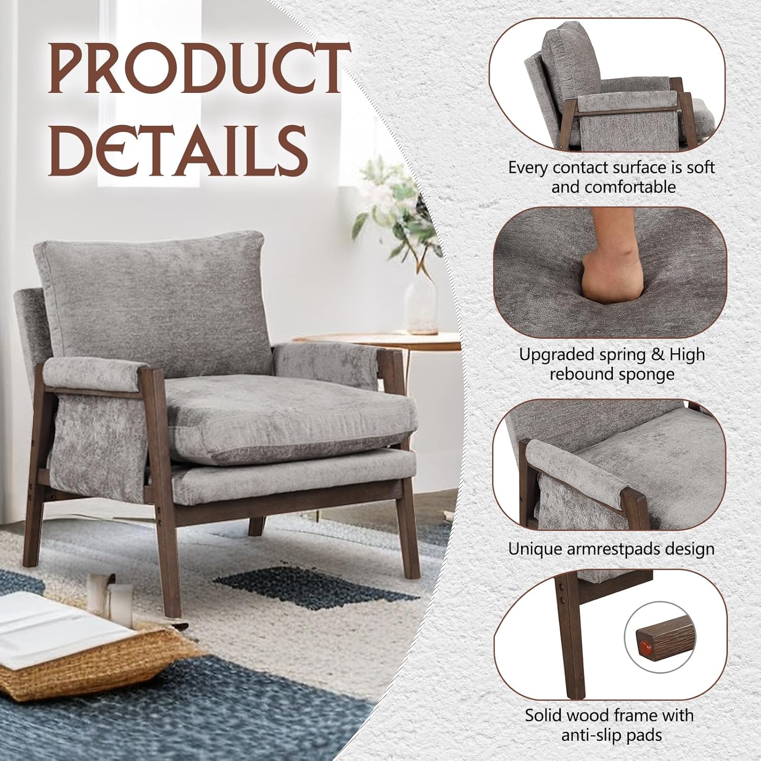 Silla decorativa de terciopelo moderna de mediados de siglo, silla de ocio con madera maciza y cojín de asiento grueso para sala de estar,