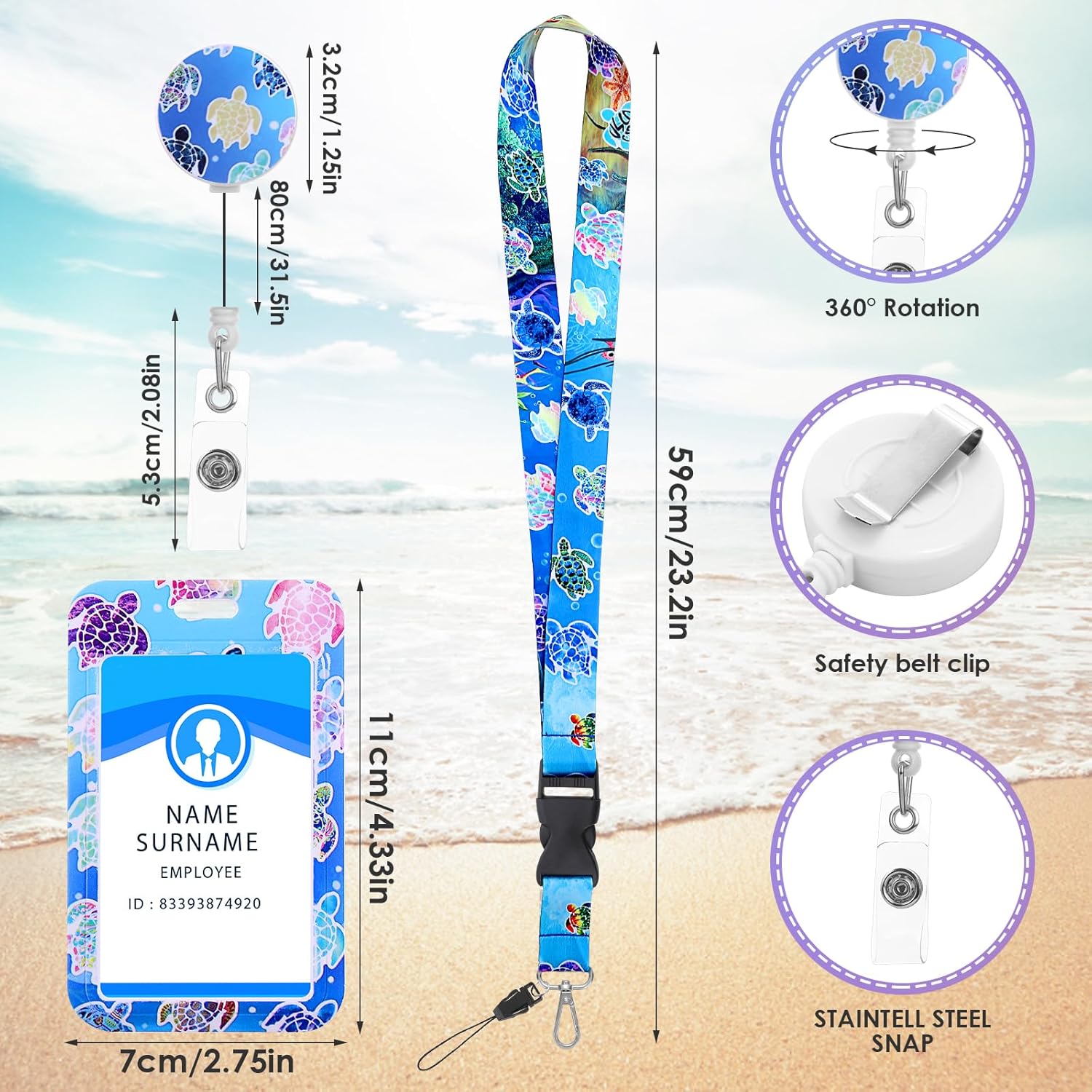 Portatarjetas de identificación de tortuga marina con cordón, clip retráctil para carrete de insignia de vida marina y cordones desmontables con
