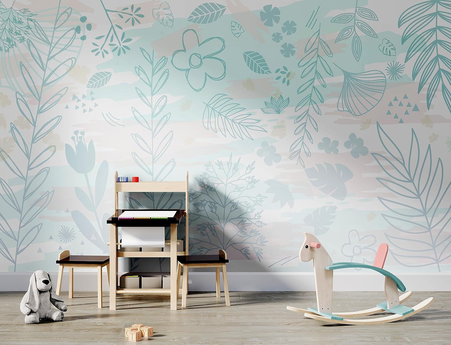 Papel pintado de flores botánicas pastel. Papel pintado de arte de pared para guardería, papel tapiz floral vintage bohemio despegar y pegar. Papel