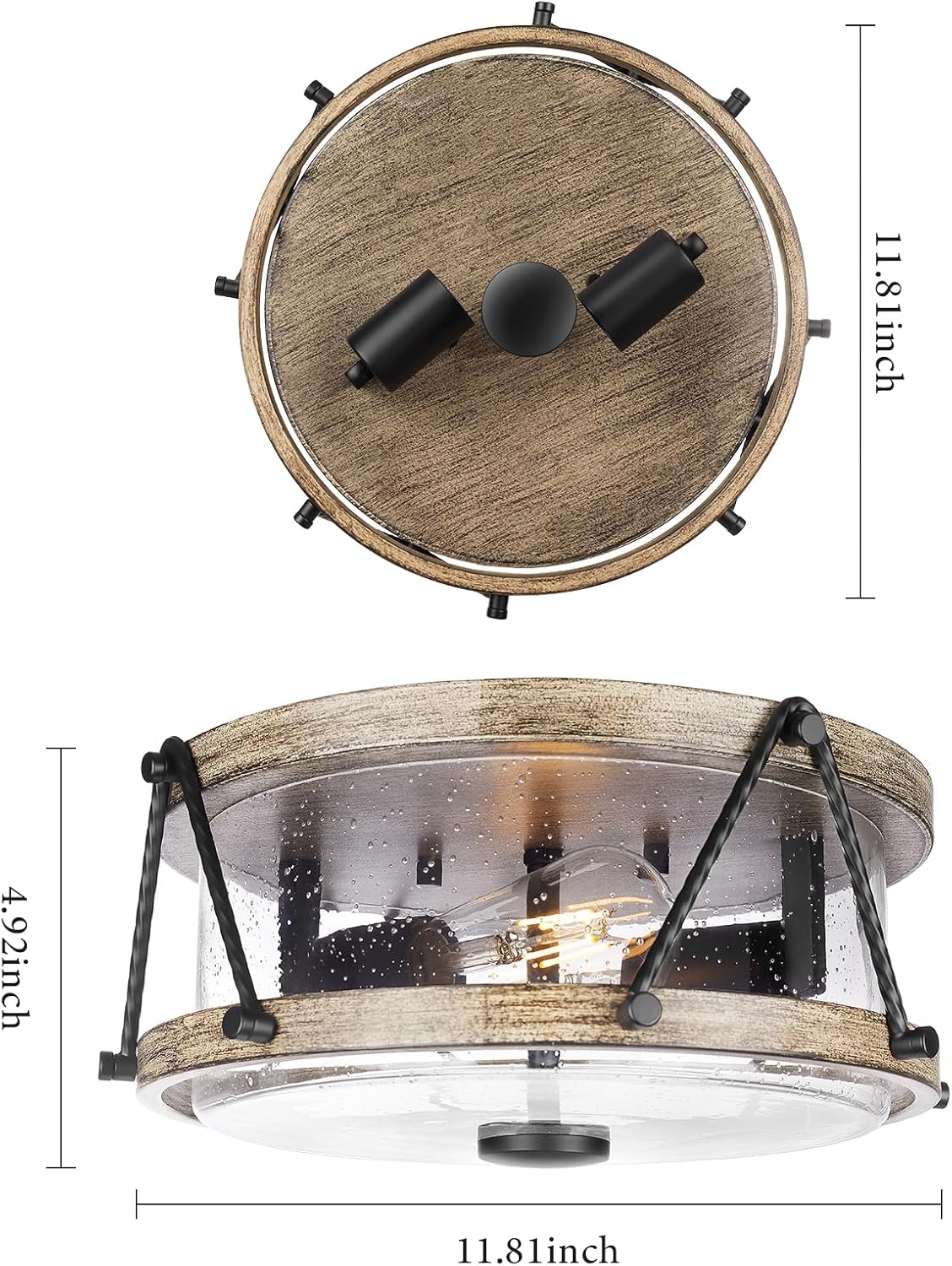 Lámpara de techo de montaje empotrado, lámpara de techo marrón de granja con pantalla de vidrio semillado, accesorios de iluminación multiusos de 12