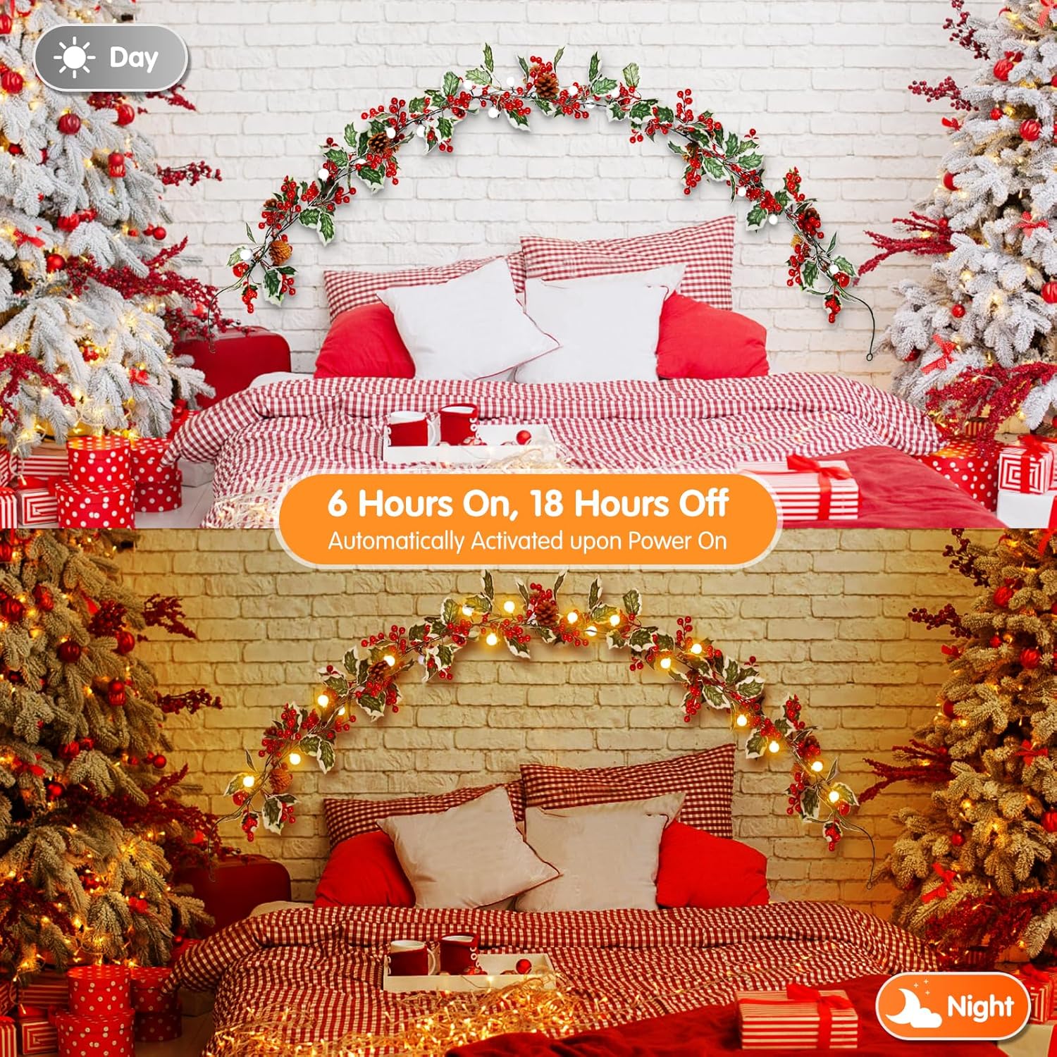 Marchpower Guirnalda de Navidad con luces, 5.7 pies, 20 luces LED, funciona con pilas, guirnalda iluminada de bayas rojas, decoraciones de Navidad