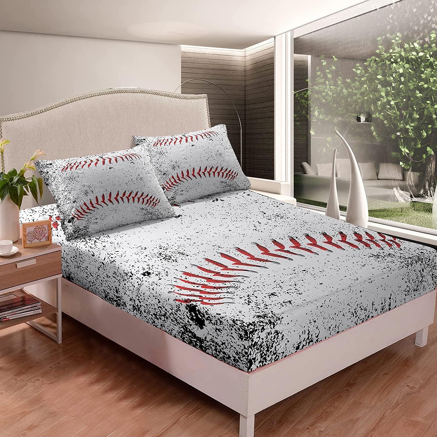 NINENINE Juego de ropa de cama de béisbol de 5 piezas, tamaño individual, juegos de ropa de cama deportiva para niños, juego de edredón blanco
