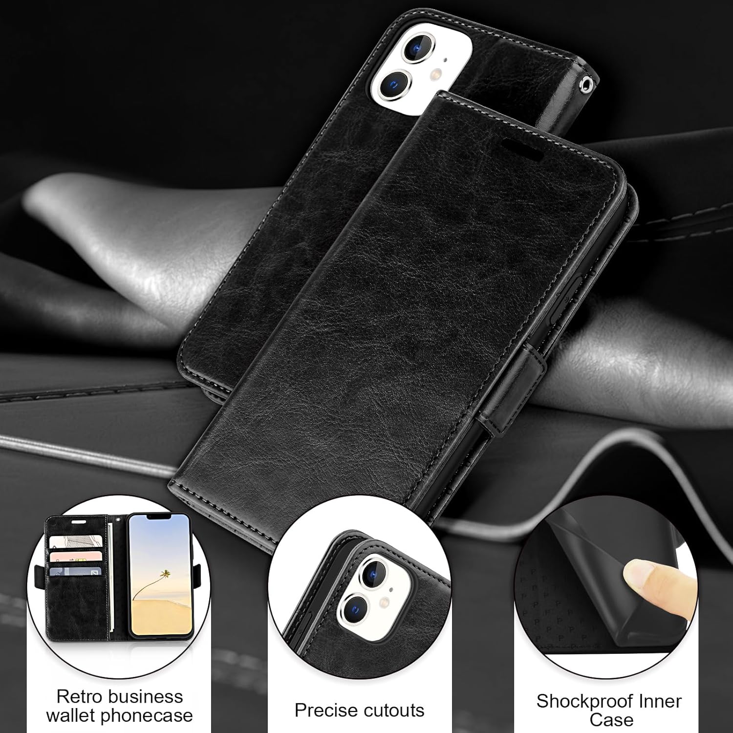 Funda de cuero con tarjetero bloqueo RFID 360 protección completa a prueba de golpes, cierre magnético, con ranuras para tarjetas y correa para la