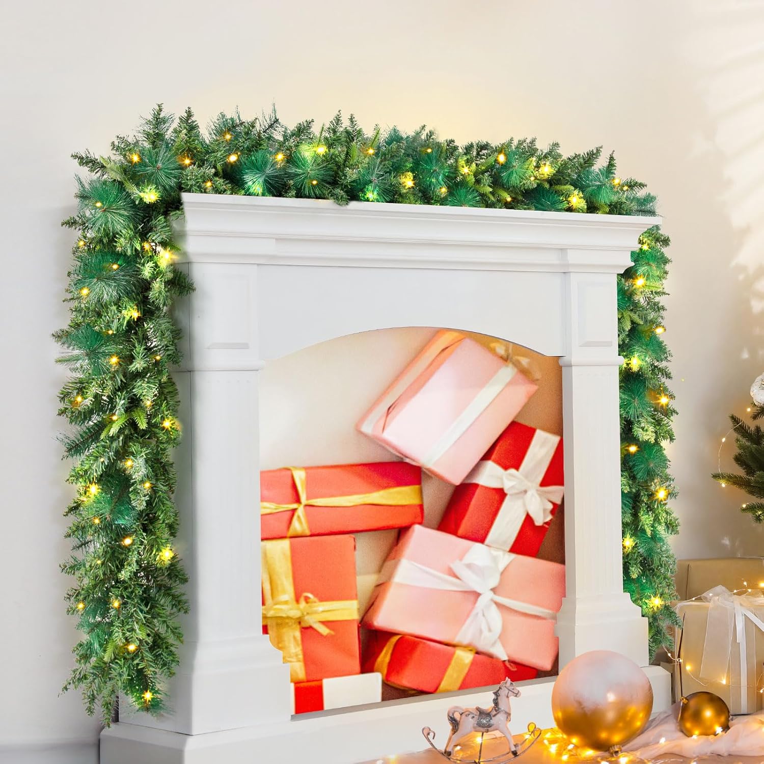 Jin&Bao Guirnalda de Navidad de 9 pies con luces, 100 luces LED, guirnalda de pino verde preiluminada, decoraciones de Navidad con temporizador, 8