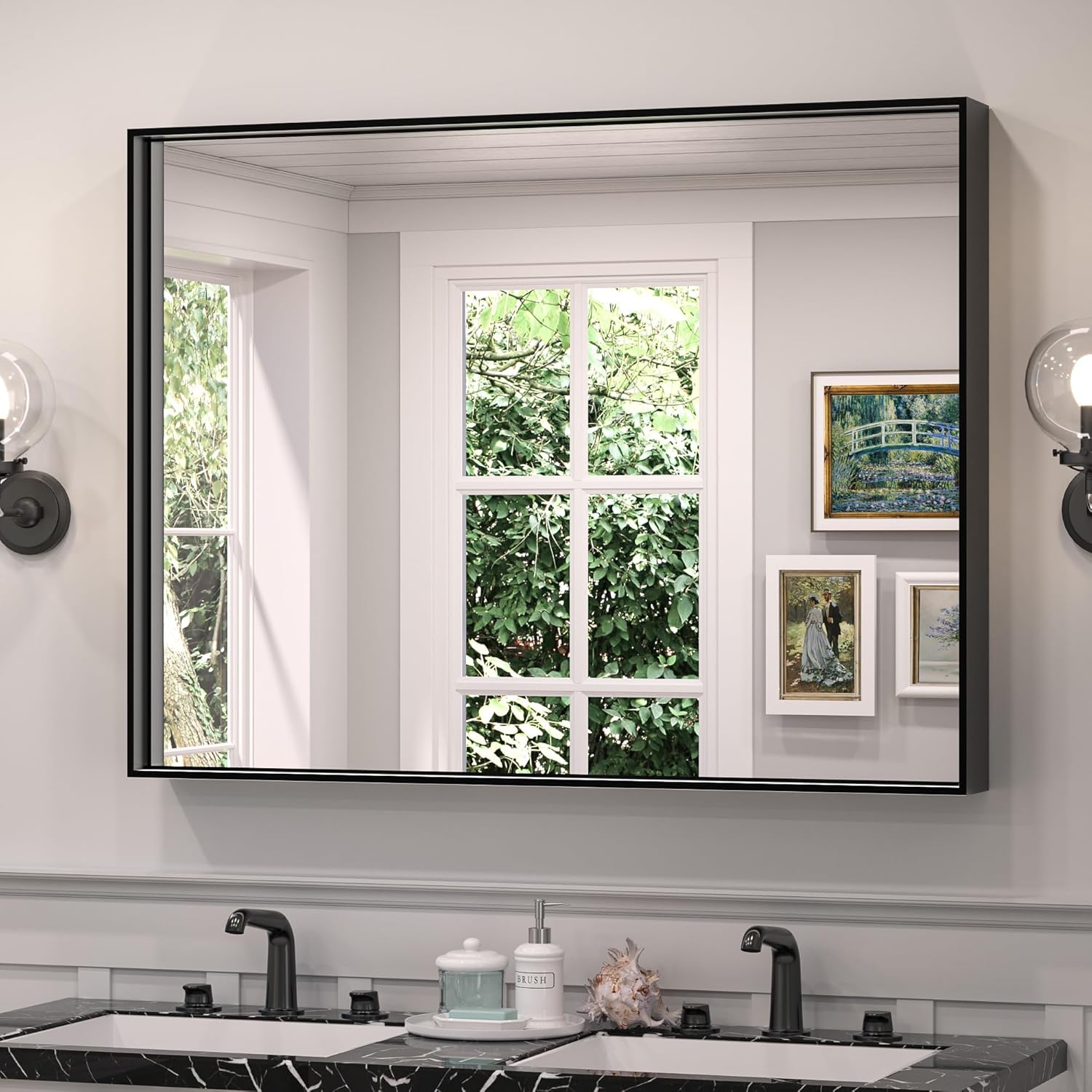 TETOTE Espejo de baño con marco negro de 40 x 30 pulgadas, espejo rectangular grande de pared de baño, marco de metal negro mate, espejo rectangular