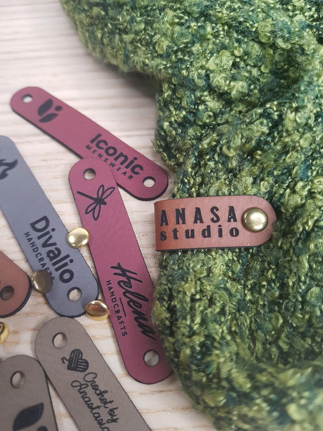 Customized 2.5 x 0.5 in Faux Leather Product Tags With Rivets Personalized Tags for Knitting and Crochet, Cute Labels Handmade Perfect for Hats