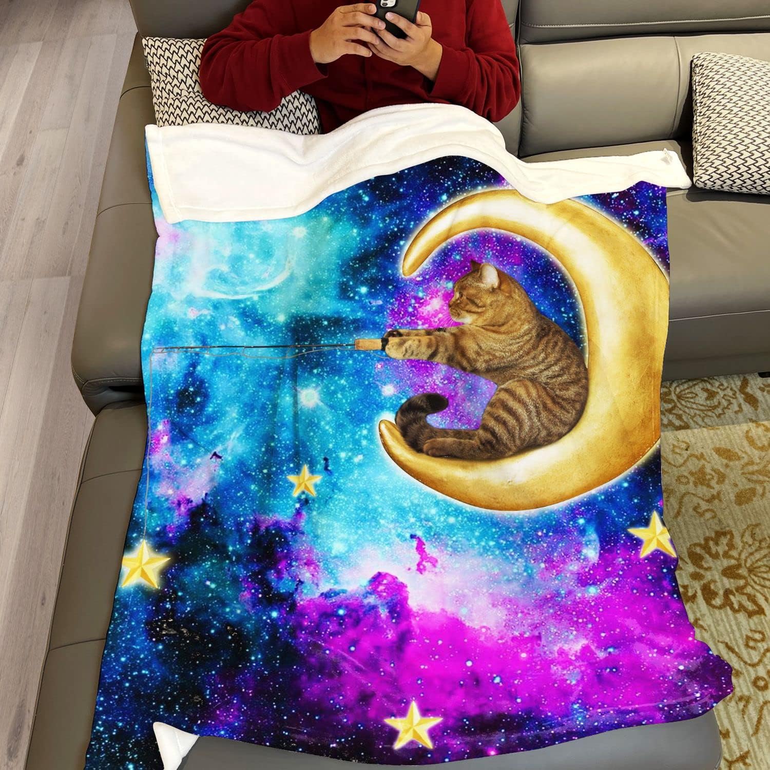 YISUMEI Manta de forro polar con diseño de dibujos animados y diseño de dibujos animados de gato de pesca en la luna y cielo estrellado, suave,