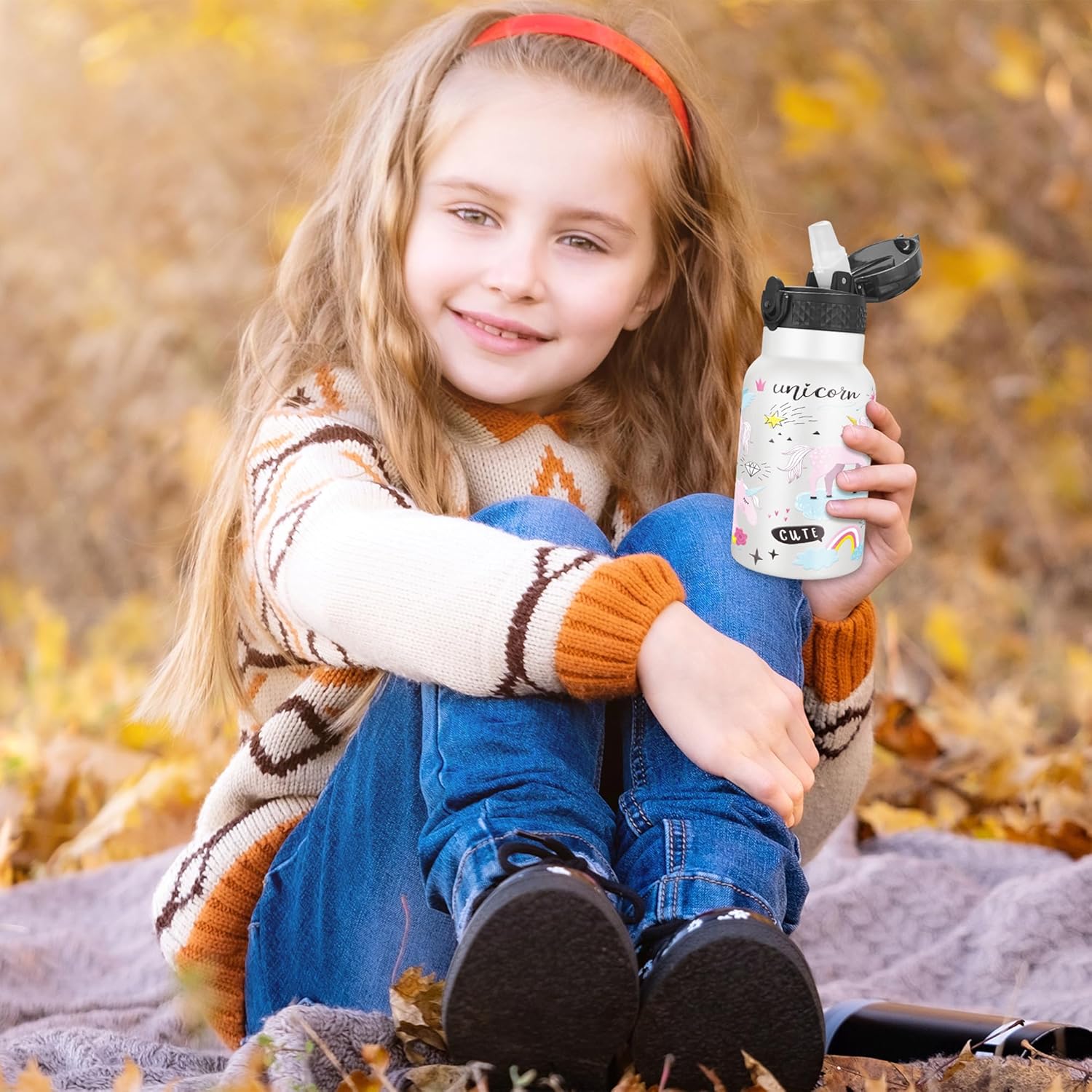 Han’s Bottle Botella de agua para niños con tapa con pajilla, vaso reutilizable de acero inoxidable aislado para niños pequeños, niñas, niños, taza