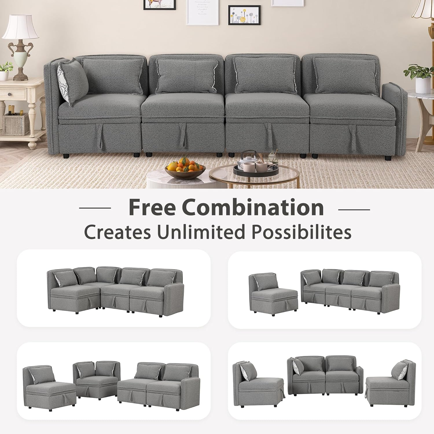 Sofá modular convertible de 122.8 pulgadas, combinación minimalista y gratuita de 4 plazas en forma de L, sofá modular de tela de felpilla con 5
