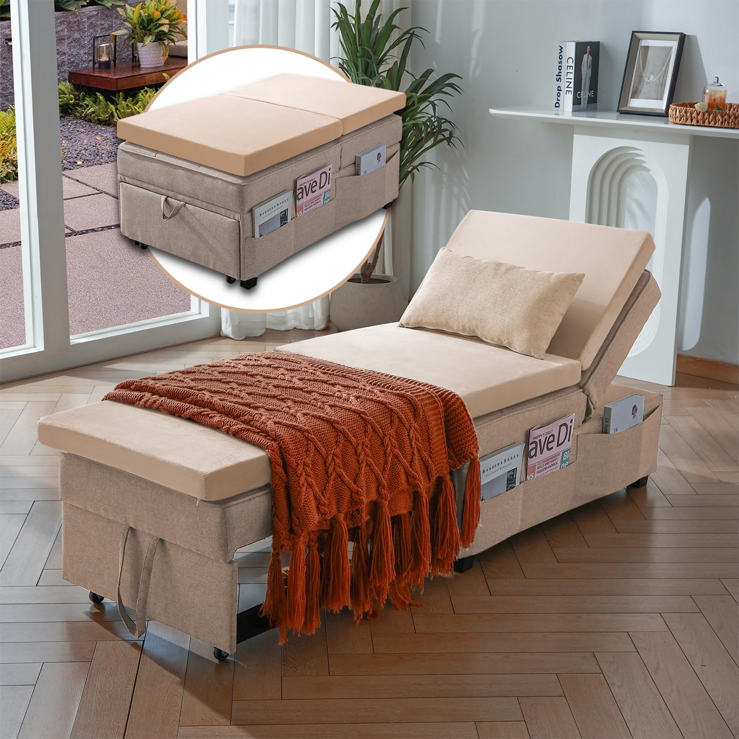 Cynefin Silla de sofá cama con colchón especializado, silla convertible cama otomana, cama otomana 4 en 1, almohada lumbar bolsillos laterales de