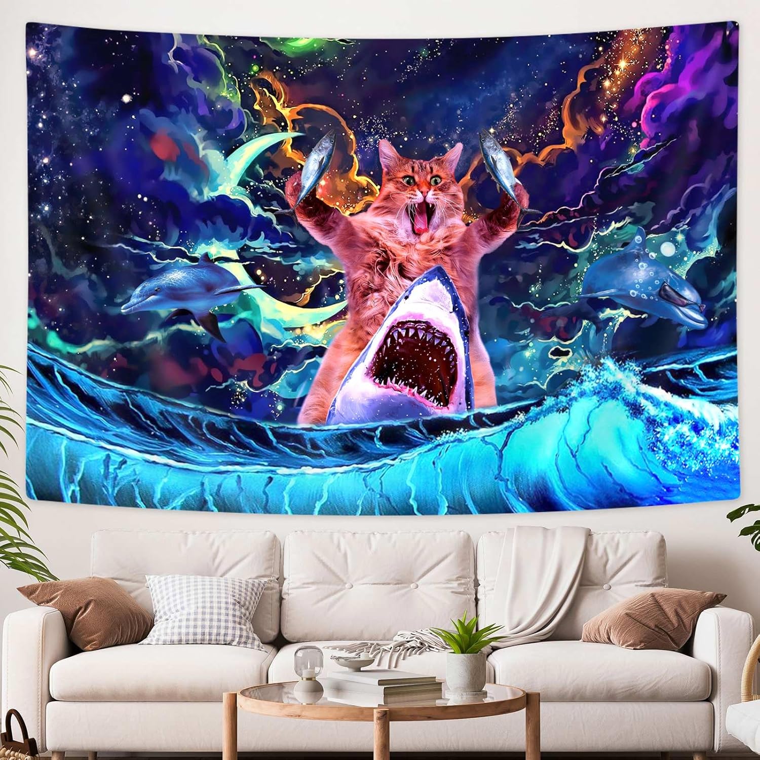 SAOLUIS Tapiz de gato con luz negra, divertido tapiz de gato para dormitorio de niños, lindo gato con pez, tapiz de pared reactivo a los rayos UV