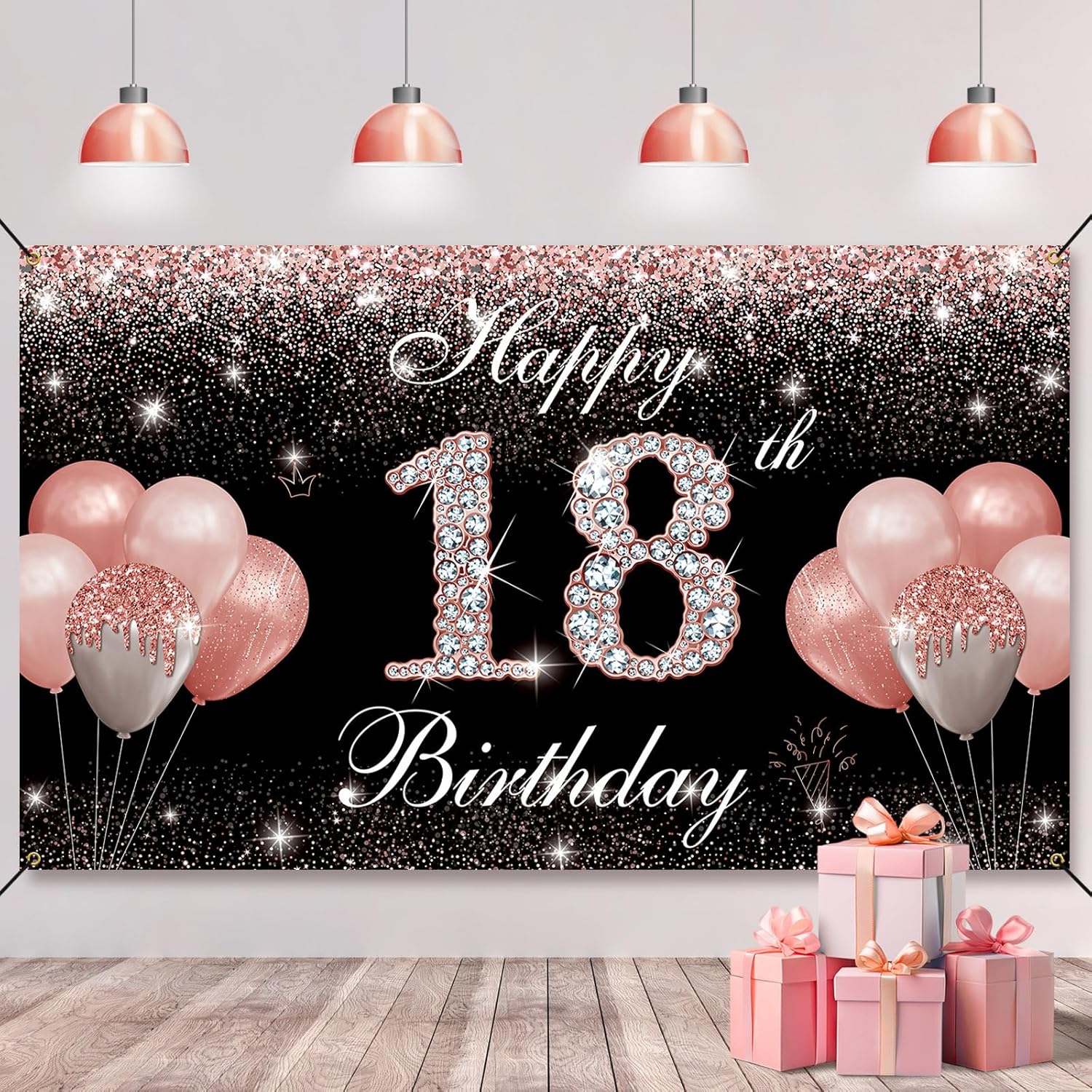 Decoraciones de cumpleaños de 18 años para niñas, pancarta de fondo de feliz cumpleaños 18, color oro rosa, cartel de fiesta de cumpleaños de 18