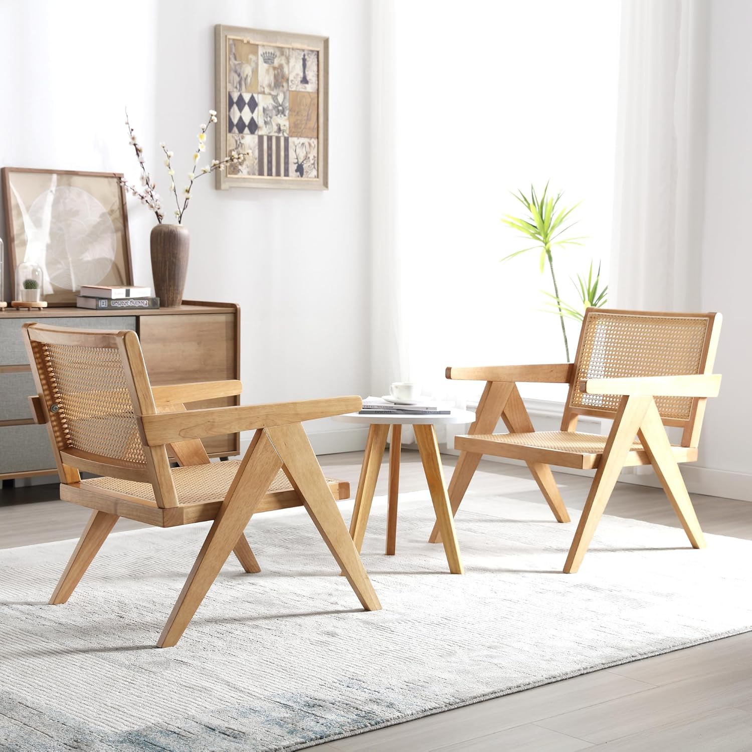 GOOLON Juego de 2 sillas decorativas de ratán, sillas de sala de estar, sillas de madera de diseño moderno de mediados de siglo con respaldo grande,